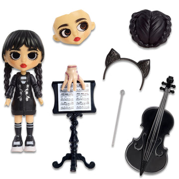 WEDNESDAY Deluxe 6-inch Articulated Figure, 11-Pieces, Interchangeable Face Plates and Fashion, Customizable Collectible Figurine, Kids Toys for Ages