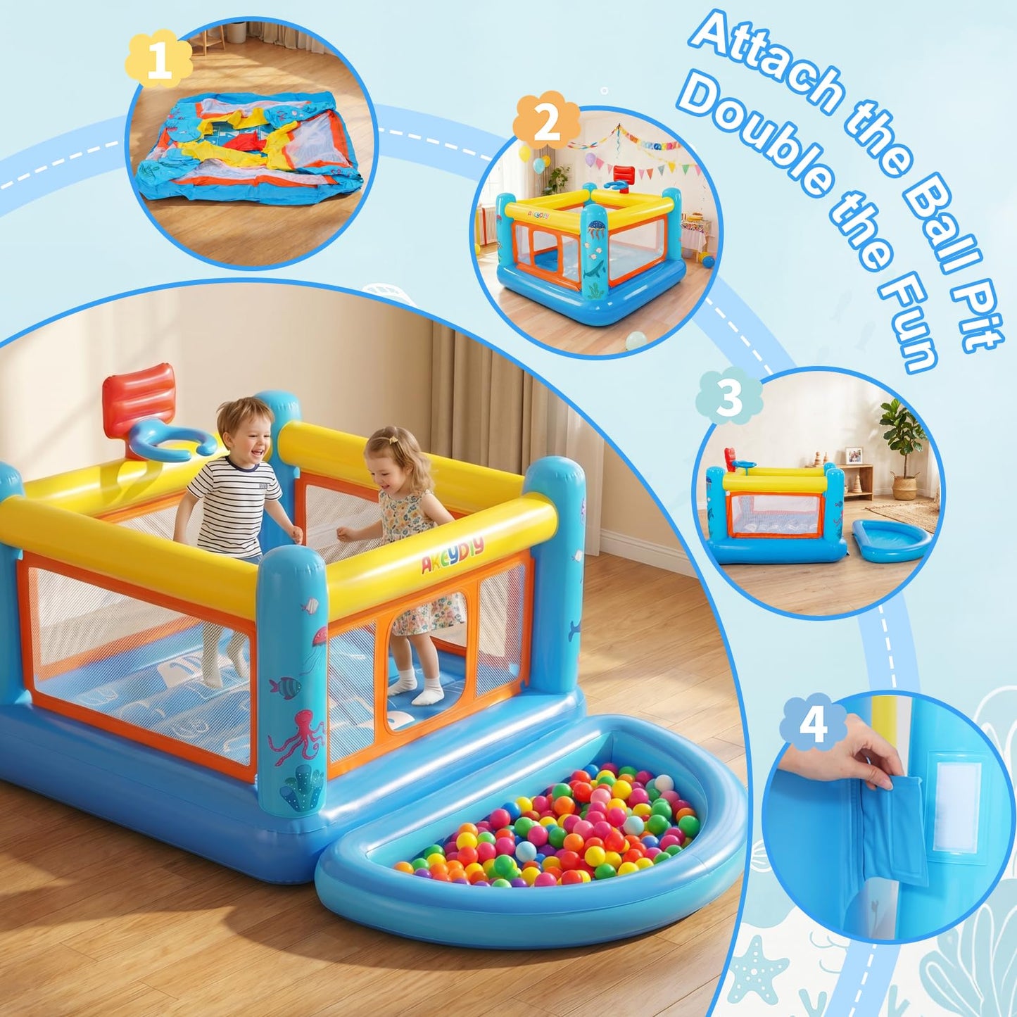AKEYDIY Bounce House for Kids 3-6, Small Inflatable Bounce House PVC with Basketball Hoop & Hopscotch Game for Indoor/Outdoor Play (Small Bounce House