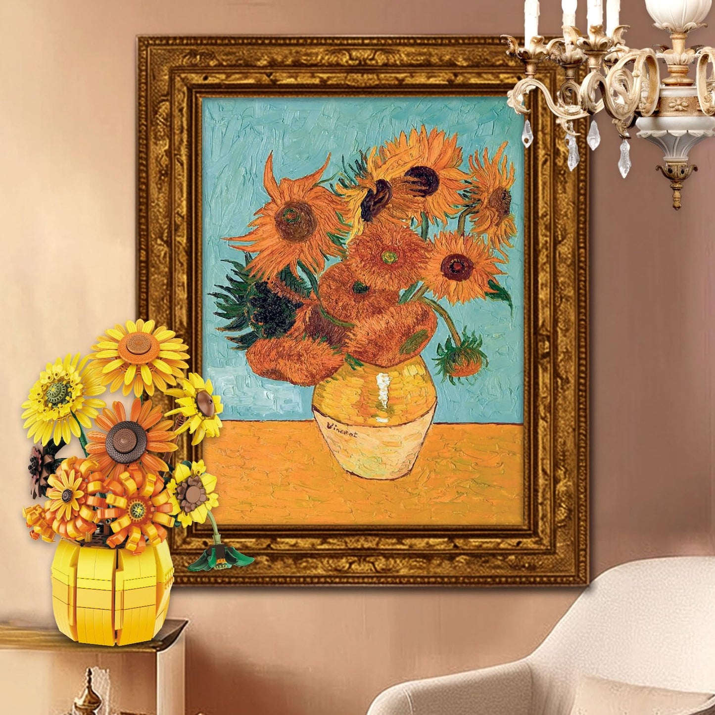 Mavo brix Flowers Building Sets for Adults, Van Gogh Prints Art Botanical Collection, Sunflowers Pot Bouquet Plants Kits Compatible with Lego Flowers