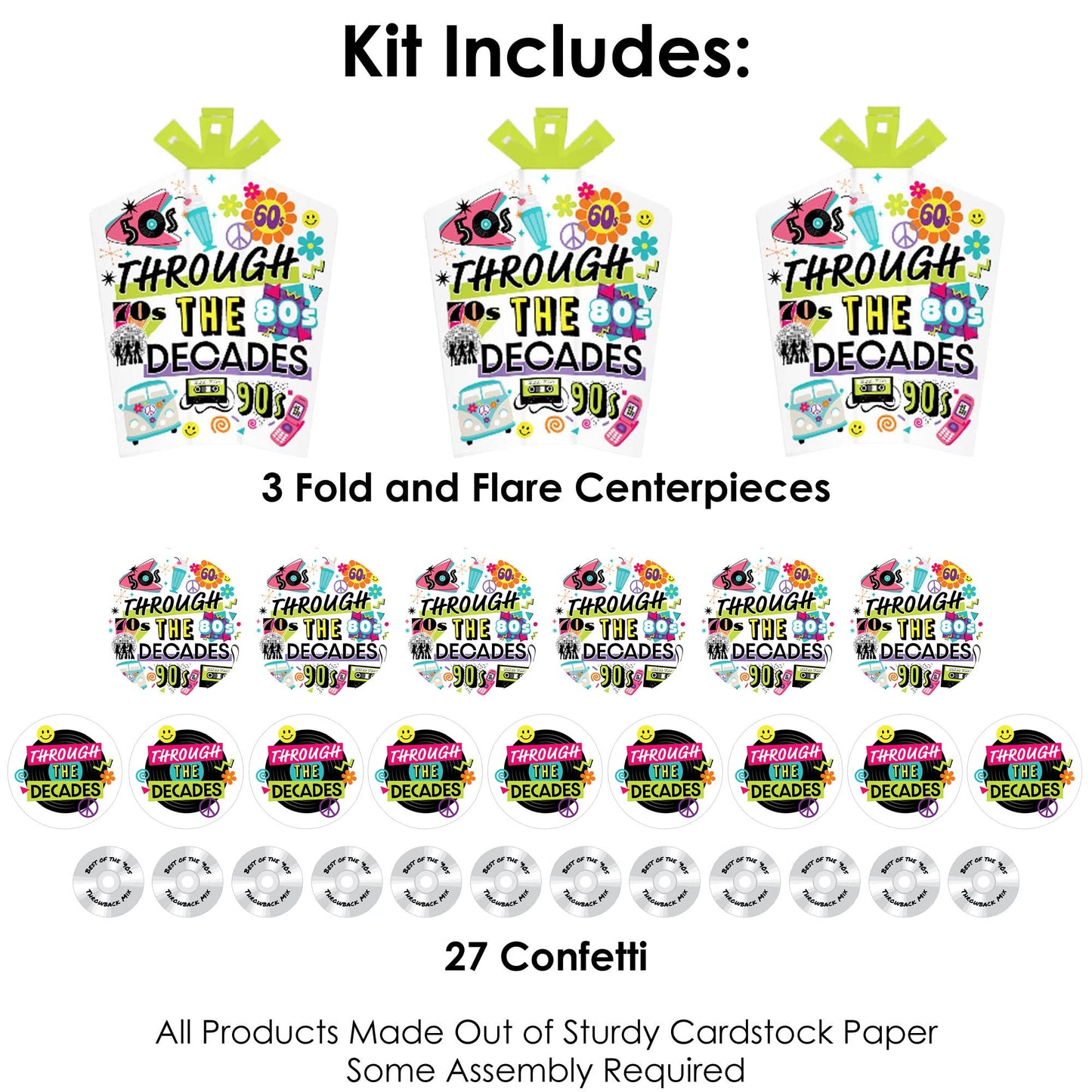 Big Dot of Happiness Through the Decades - 50s, 60s, 70s, 80s, and 90s Party Decor and Confetti - Terrific Table Centerpiece Kit - Set of 30