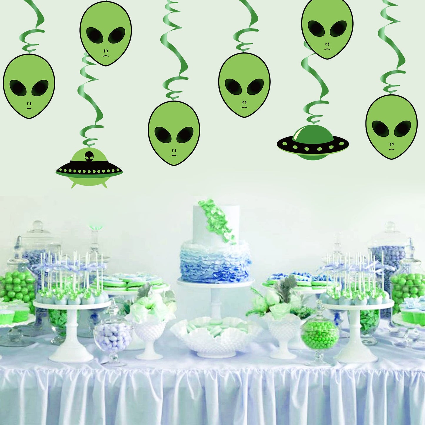 Swirls & Cutouts Green Alien Theme Hanging Swirl Decorations UFO Theme Ceiling Whirl Streamer Hanging Cutouts Alien Invasion for Birthday Party