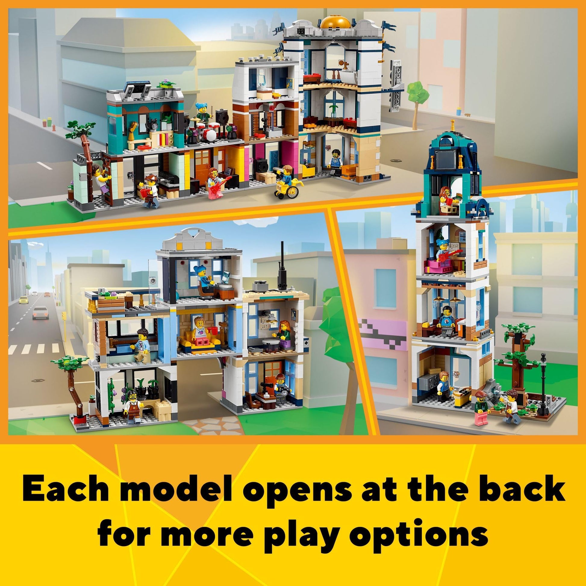 LEGO Creator 3 in 1 Main Street Building Toy Set, Features a Toy City, Art Deco Building, Market Street, Hotel, Café, Music Store and 6 Minifigures,
