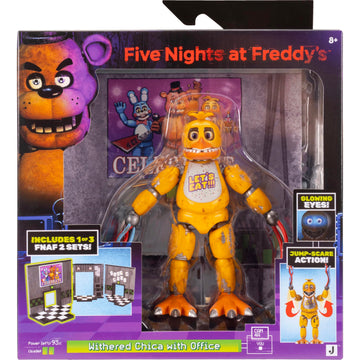 Jazwares Five Nights at Freddy’s Withered Chica Office Set - 5-Inch Articulated Figure with Jumpscare Feature, Glow-in-The-Dark Eyes, and Optical