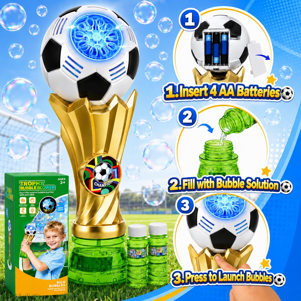 Bubble Wands for Kids - Light up Bubble Wands with 2 Solutions, Outdoor Toys for Kids Ages 3-5 4-8, Soccer Toys for Boys, Birthday Party Gift for 3 4