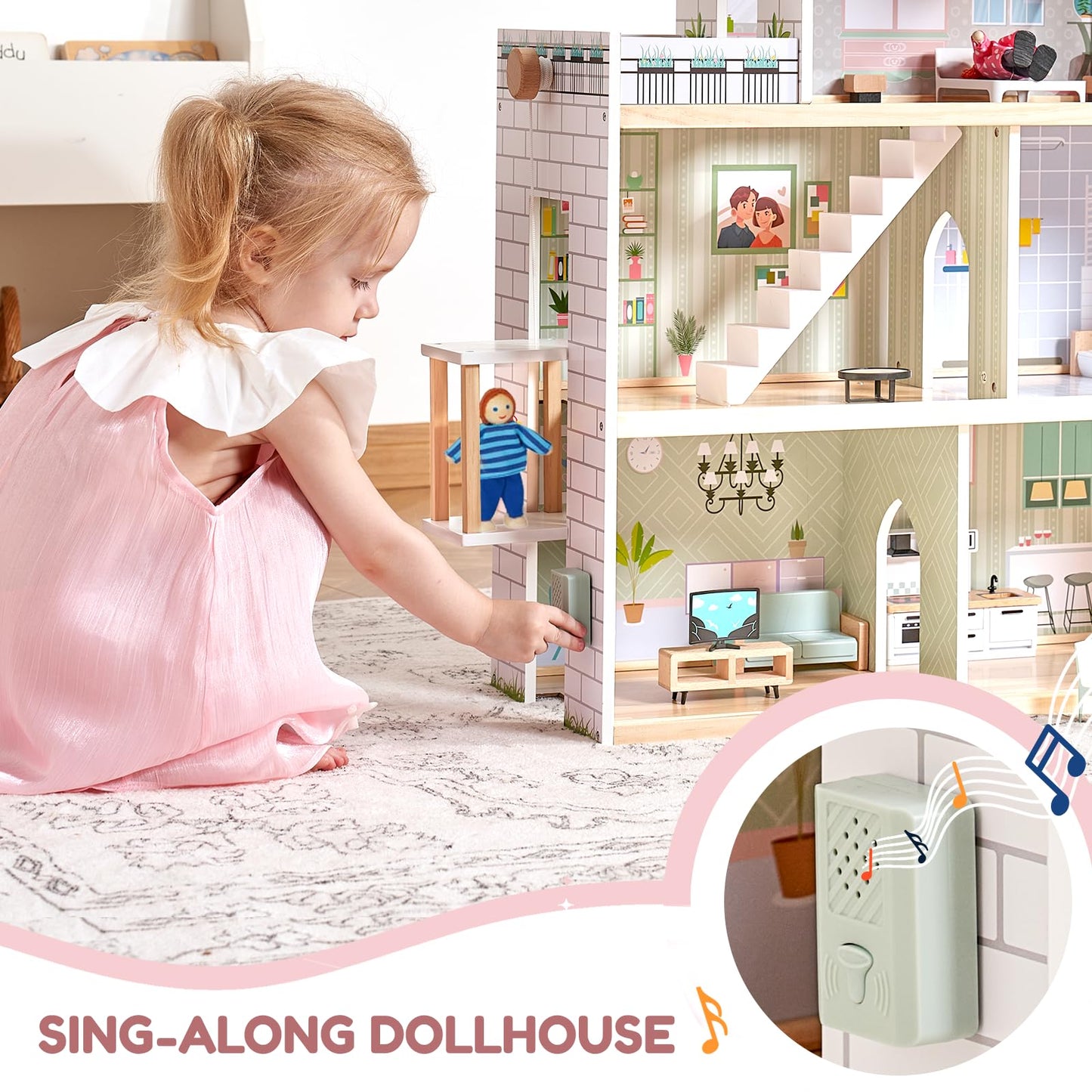 Giant bean Large Pink Wooden Dollhouse with Furniture for Girls with Doorbell, Light,Elevator, 6 Rooms 2.6ft High,17Pcs Furniture & 3 Dolls, Kids