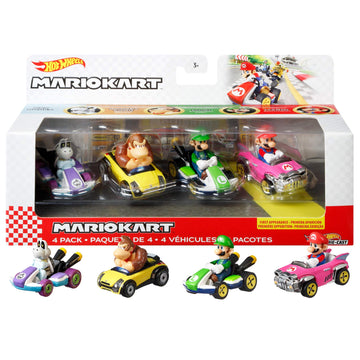 Hot Wheels Mario Kart Vehicle 4-Pack, Set of 4 Fan-Favorite Characters Includes 1 Exclusive Model, Collectible Gift for Kids & Fans Ages 3 Years Old &