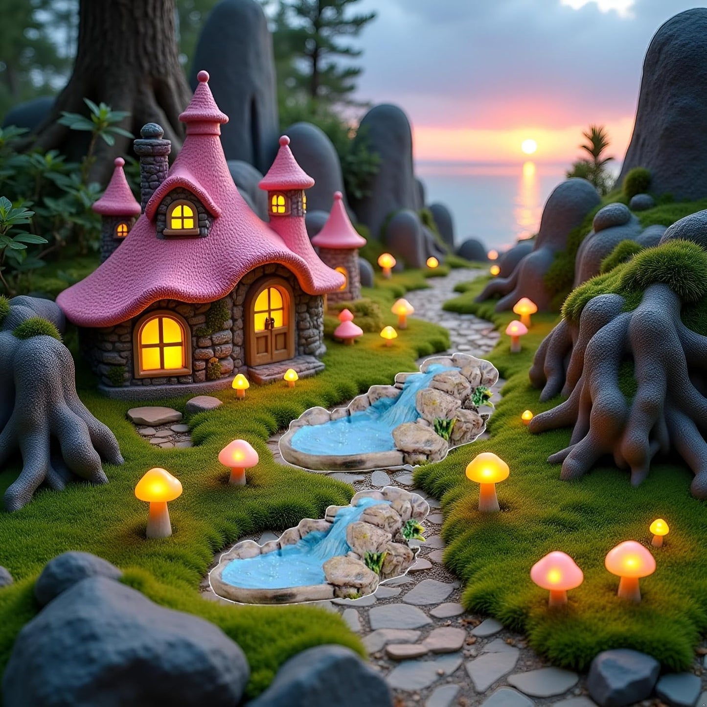 3Pcs Blue DIY Miniature Mini Water Pool Fairy Garden Lawn Ornament for Mountain Dollhouse Decor Craft Statues Antique European Village Manor Style