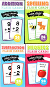 Learning Educational Flash Cards (Wipe Clean Again & Again) - Addition, Spelling, Subtraction, Phonecs - (Set of 4 Pack) 1st & 2nd Grade
