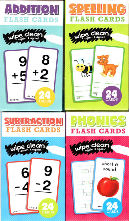 Learning Educational Flash Cards (Wipe Clean Again & Again) - Addition, Spelling, Subtraction, Phonecs - (Set of 4 Pack) 1st & 2nd Grade