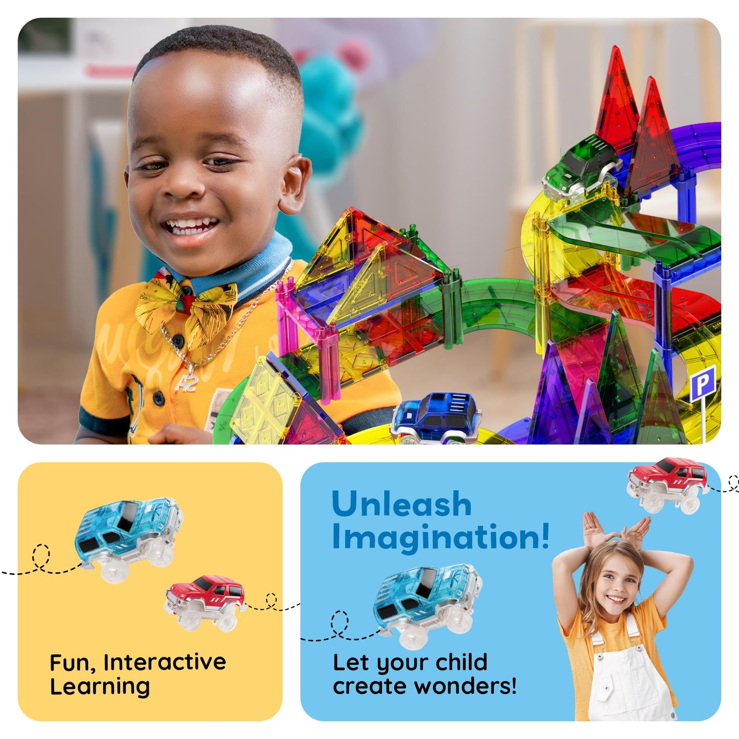 PicassoTiles 128pcs Magnetic Race Car Track Building Block Educational Toy Set Tiles Magnet Playset 3 LED Car STEM Learning Construction Kit Fine