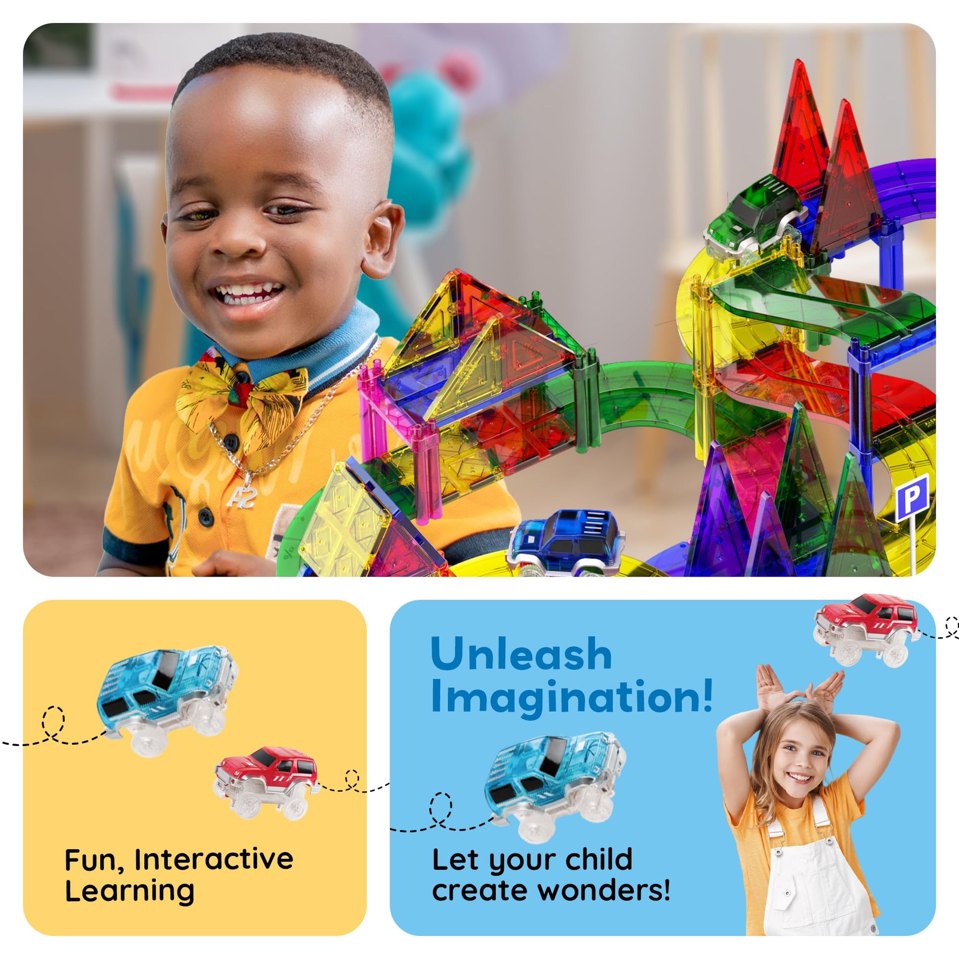PicassoTiles 128pcs Magnetic Race Car Track Building Block Educational Toy Set Tiles Magnet Playset 3 LED Car STEM Learning Construction Kit Fine