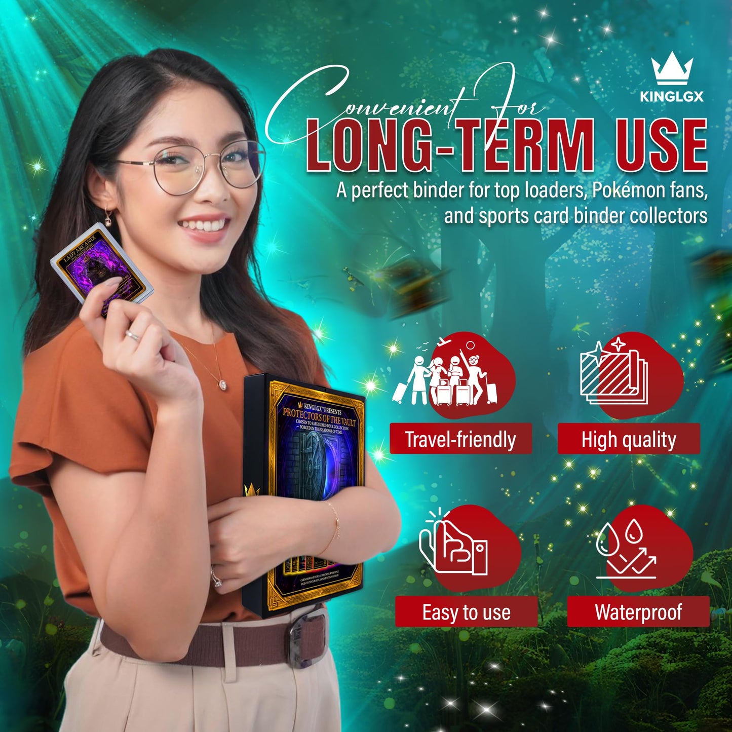 KINGLGX Top Loader Binder - Includes 9 Card KINGLGX Booster Pack - 1 Guaranteed Holo, Holds 252 Toploaders, Rigid 9-Pocket Pages, Premium Zippered