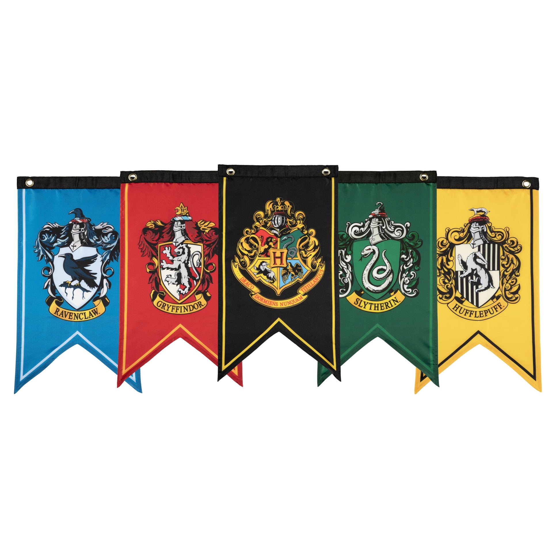 Conquest Journals Harry Potter Wizarding House Banner Flag Set, 12'' x 20'' Polyester Flags, Set of 5 Includes Hogwarts Crest, Gryffindor, Slytherin