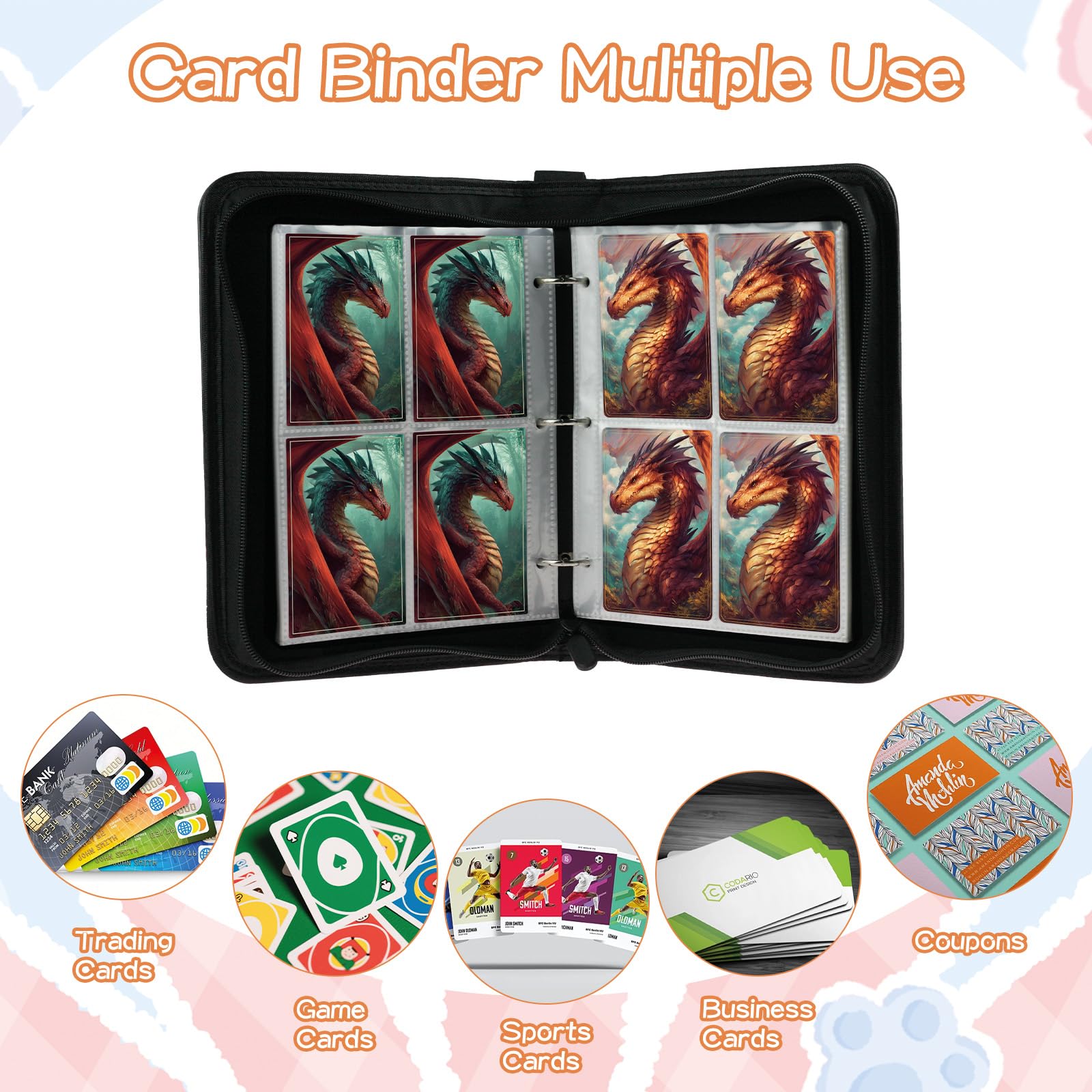 TanoShiimii Trading Card Binder, 400 Pocket Card Album, 3-Ring Refillable Binder with Zipper, Water-Resistant PU Leather for TCG Collectors, Kids and