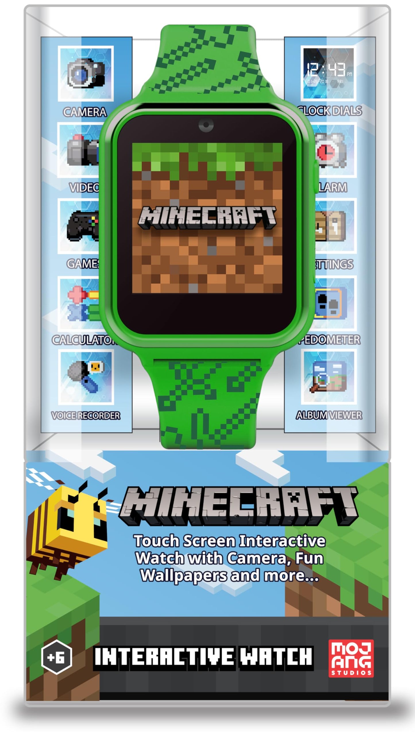 Minecraft Kids Smart Watch - Touchscreen Interactive Watch with 10 Customizable Clock Faces, Built-in Camera, Video Recorder, Alarm, Calculator, Games