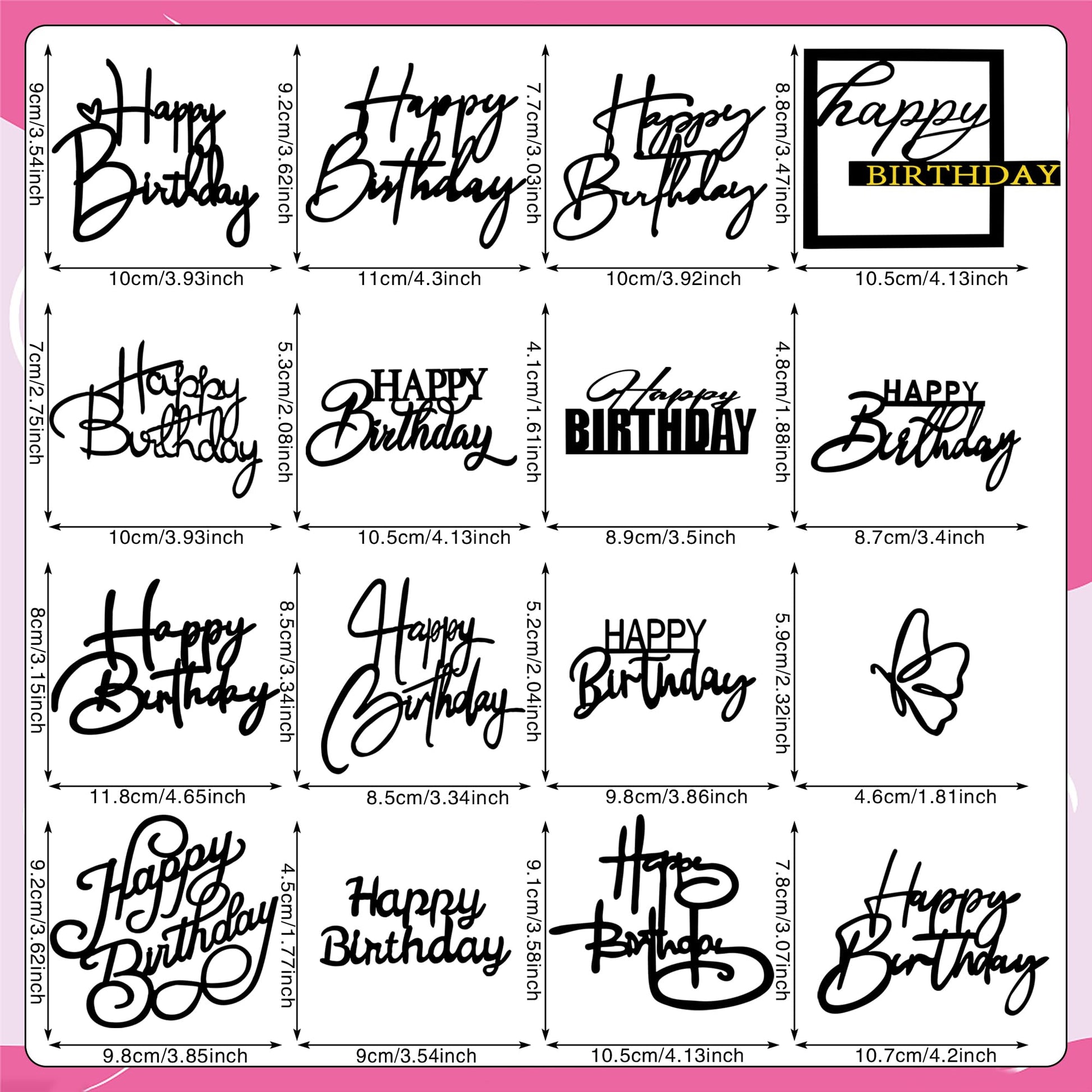 15 PCS Black Happy Birthday Cake Toppers Acrylic Mirror Inserts for Cakes Cupcakes Desserts 15 Styles