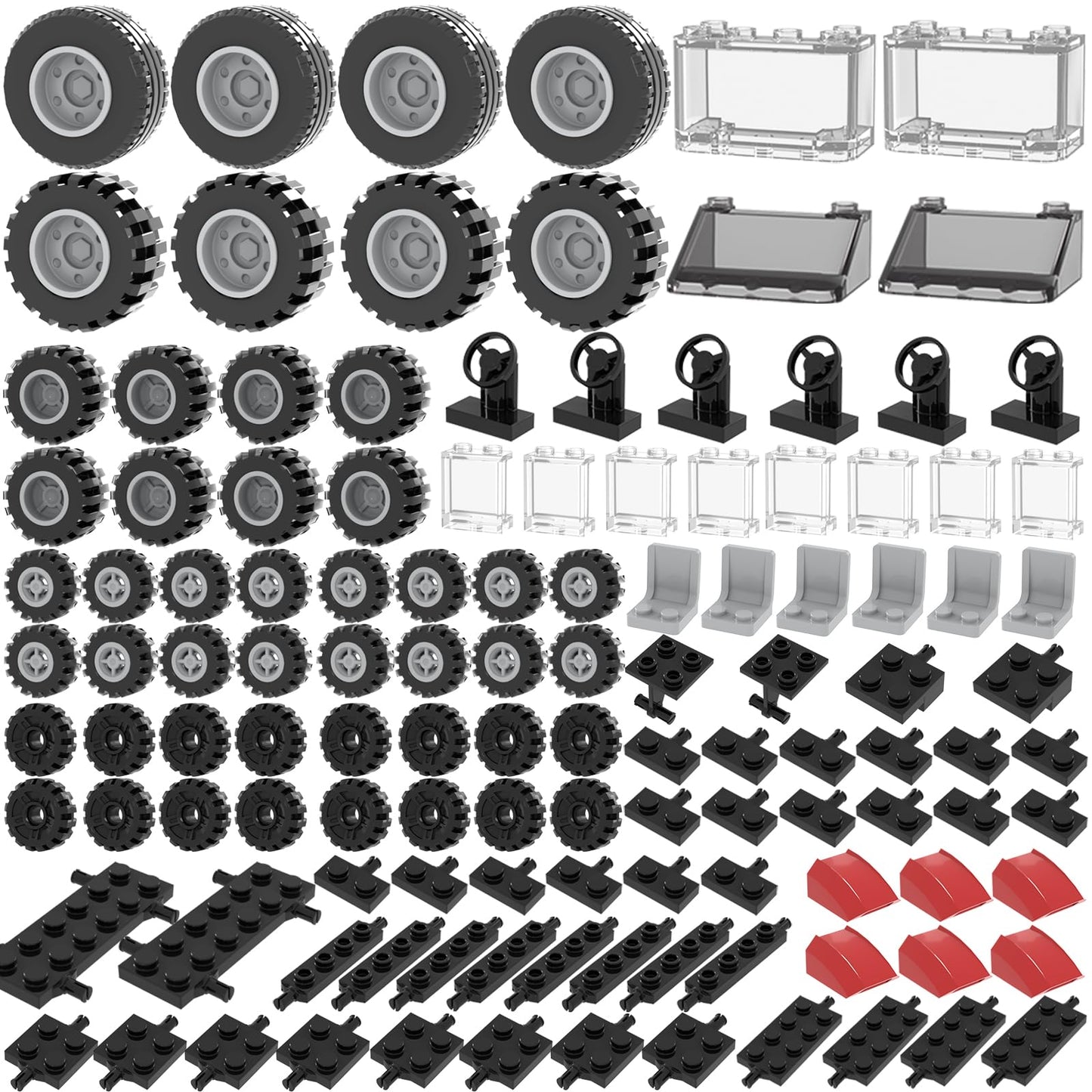 LANMANUO 160PCS Wheels and Axles Sets Car Parts Building Kit with Tires, Windshield, Chassis & Steering Wheel Compatible with Major Brands