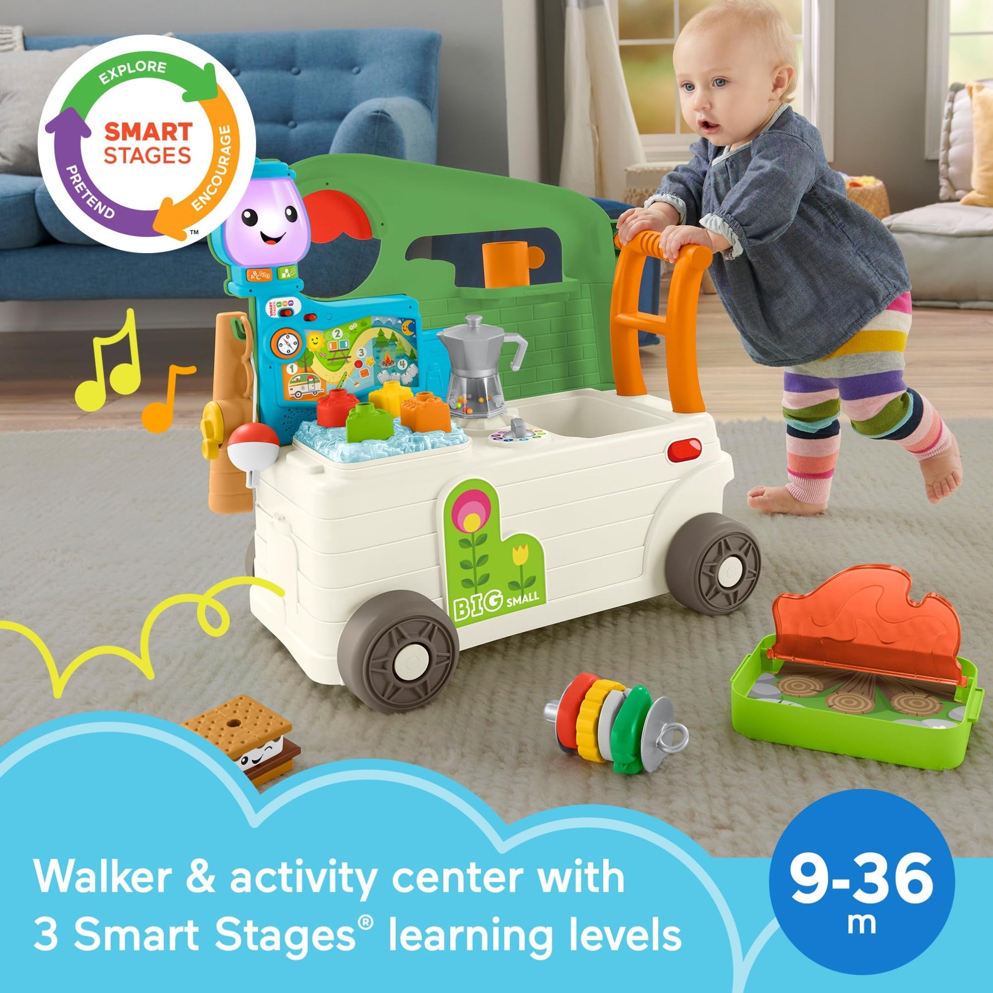 Fisher-Price Baby to Toddler Toy Laugh & Learn 3-in-1 On-the-Go Camper Walker & Activity Center with Smart Stages for Ages 9+ Months, Tan/Green