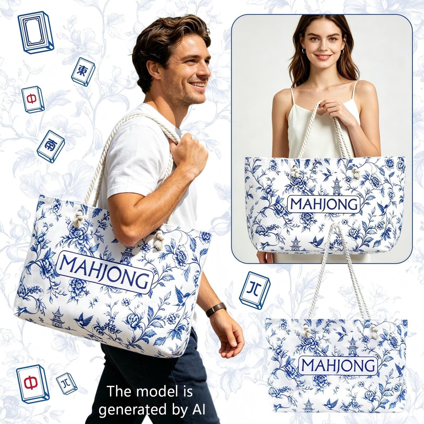 CTHMTMXS Blue and White Mahjong Bag Set for Tiles and Racks, 3 Piece 16 oz Canvas American Mahjong Carrying Bag with Zipper Tile Bag and Drawstring