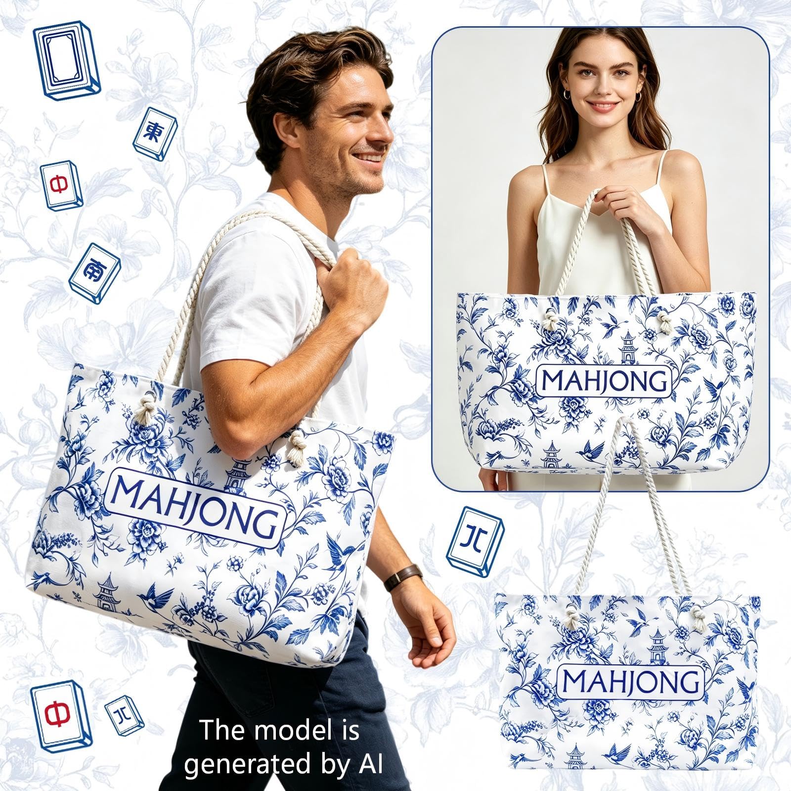 CTHMTMXS Blue and White Mahjong Bag Set for Tiles and Racks, 3 Piece 16 oz Canvas American Mahjong Carrying Bag with Zipper Tile Bag and Drawstring