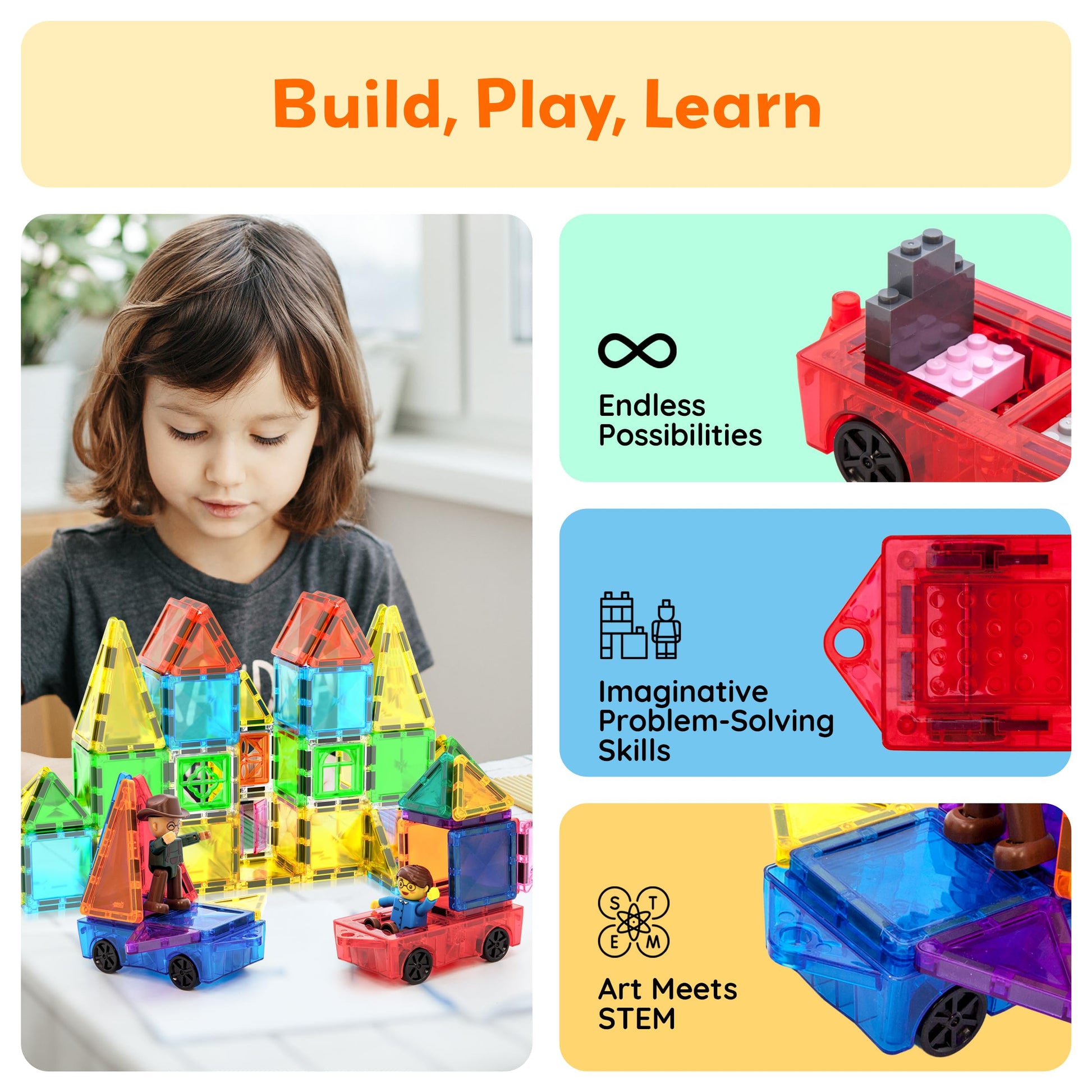 PicassoTiles 2 Piece Car Mini Truck Construction Kit Toy Set Vehicle for Magnetic Blocks Building Tile Sensory Magnet Toys Bricks STEM & Learning