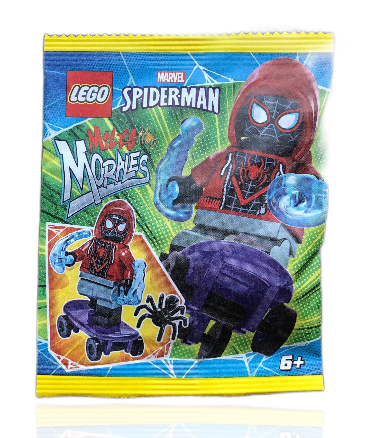 LEGO Marvel Superheroes Spider-Man Across The Spider-Verse Minifigure - Miles Morales Minifigure with Skateboard, Spider, Cool Web Blasts,