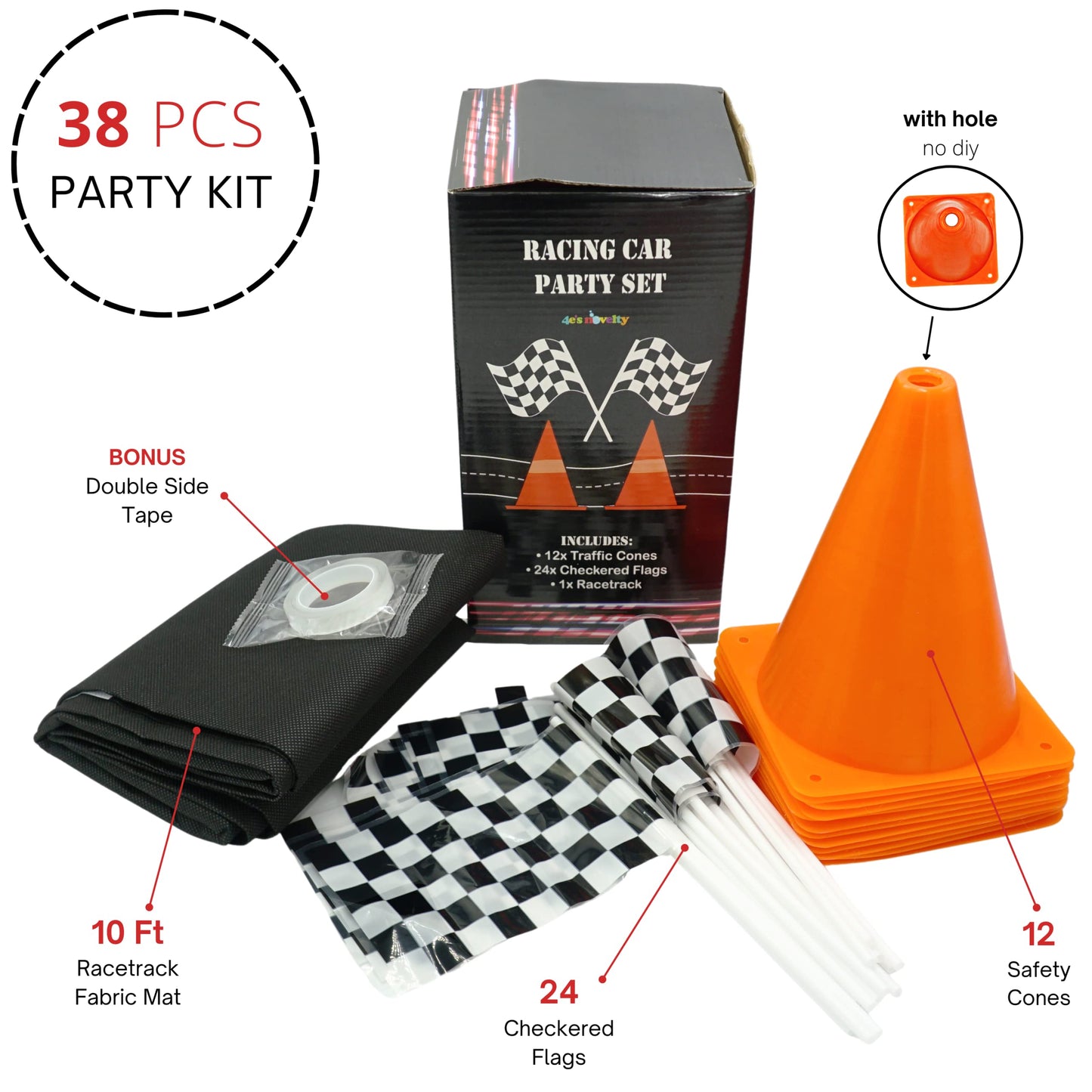 4E's Novelty 38 Pieces Set - 12 Traffic Cones With Hole on Top, 24 Checkered Flags, Racetrack Floor Runner - for For Race Car Birthday Party Supplies