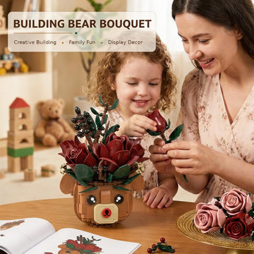 Rose Flower Bouquet Building Set with Bear Pot, Artificial Botanical Building Blocks Kit Compatible with Lego, Home Office Table Decoration, Romantic
