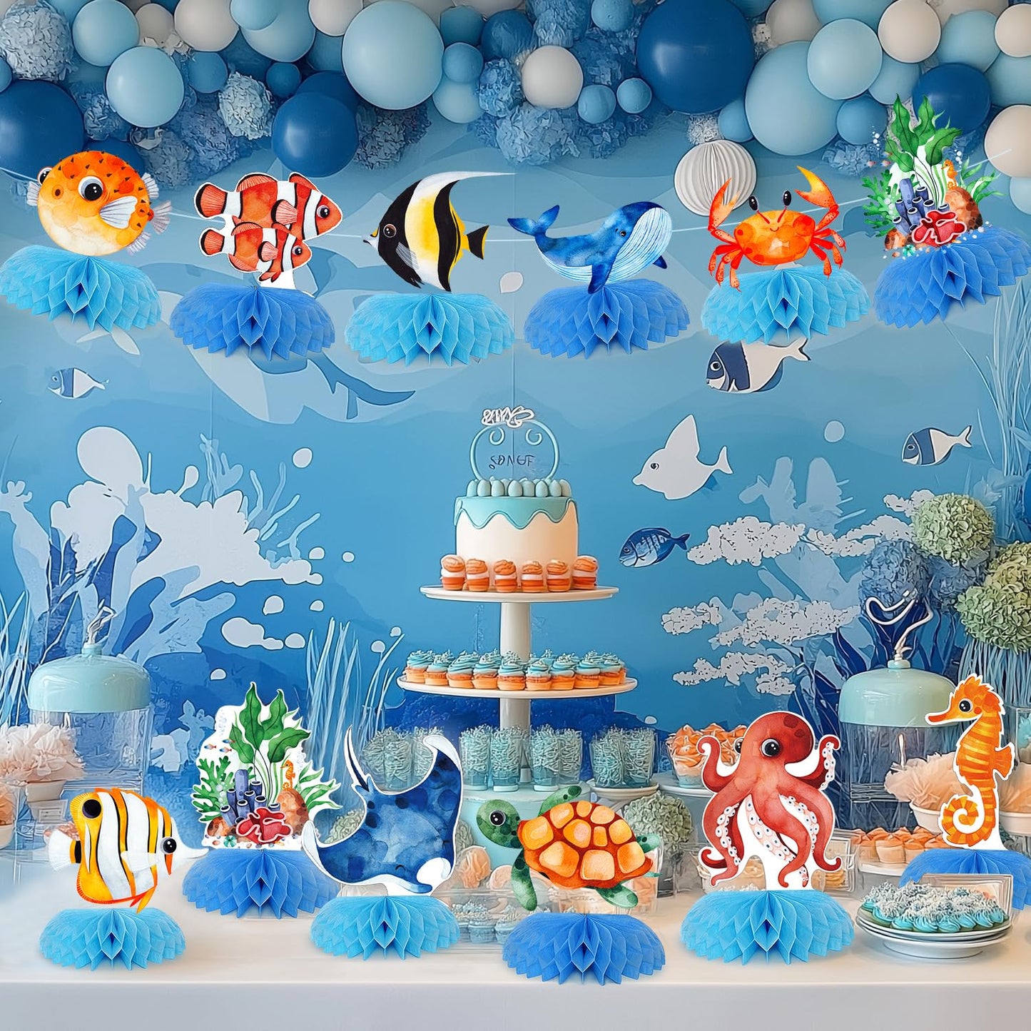 12 pcs Ocean Sea Animals Honeycomb Centerpieces Ocean Themed Birthday Party Decorations Tropical Beach Themed Party Decorations Fish Crab Turtle