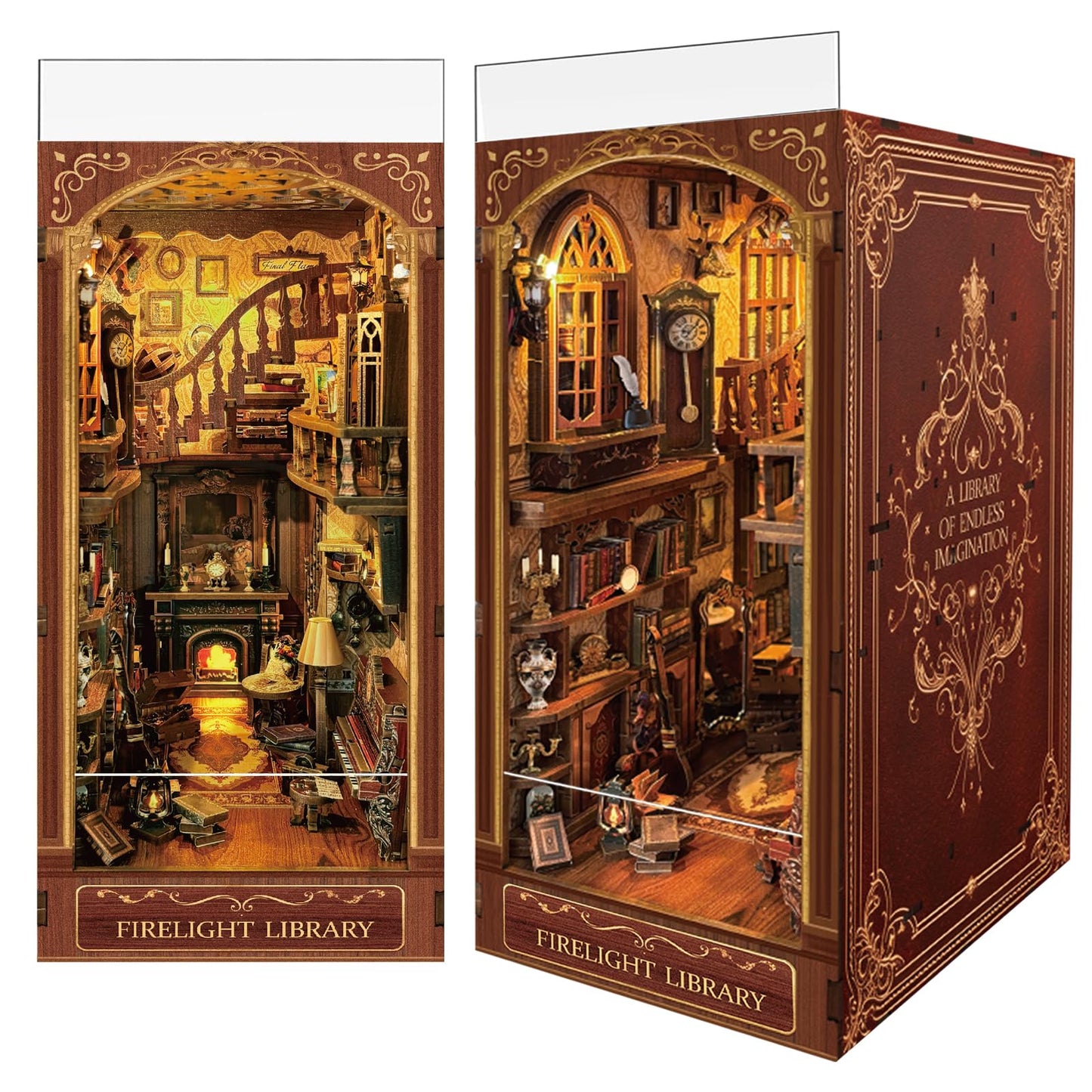 Firelight Library Book Nook, DIY Miniature House Puzzle for Magical Home Decor, 3D Bookshelf Decor for Adults and Beginners