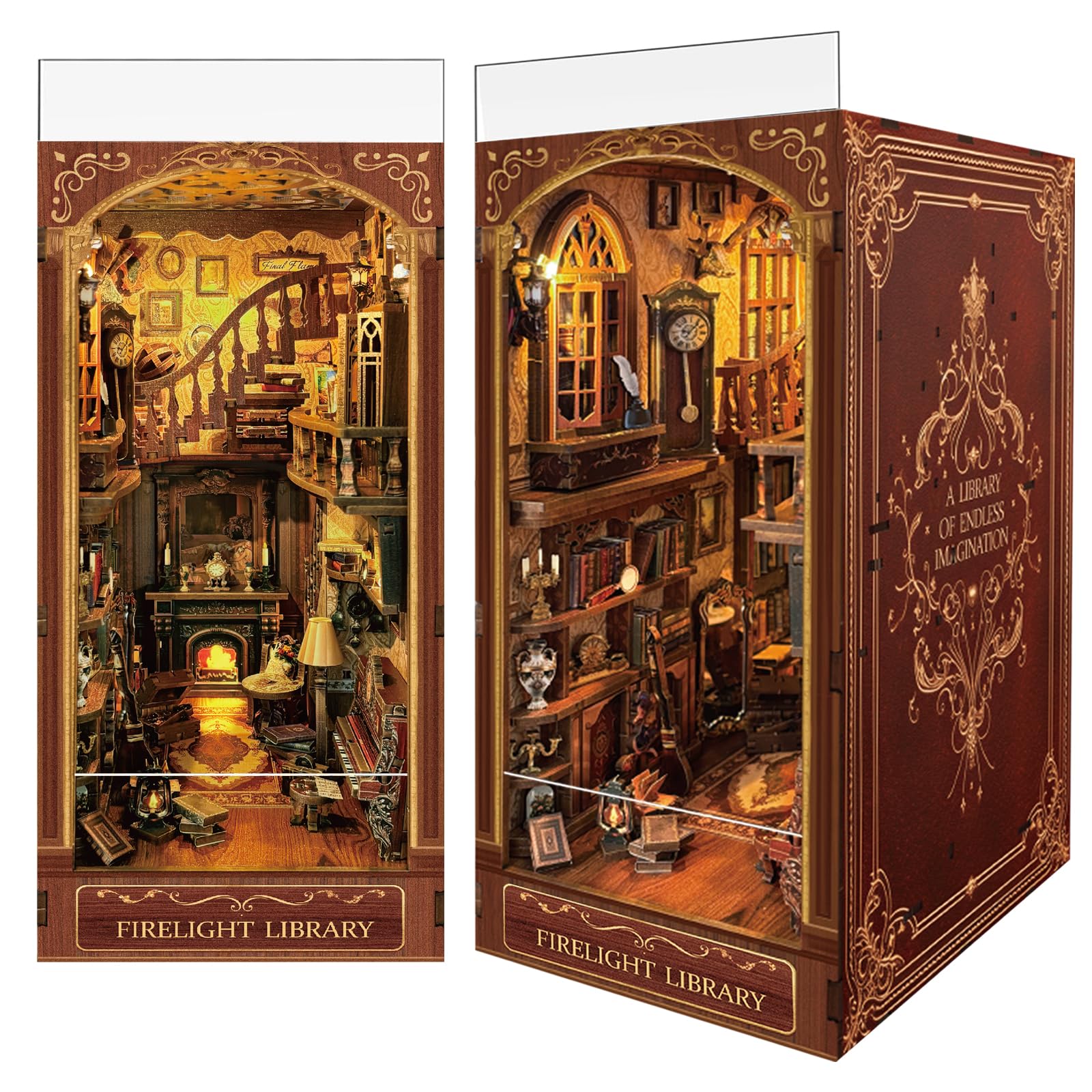 Firelight Library Book Nook, DIY Miniature House Puzzle for Magical Home Decor, 3D Bookshelf Decor for Adults and Beginners