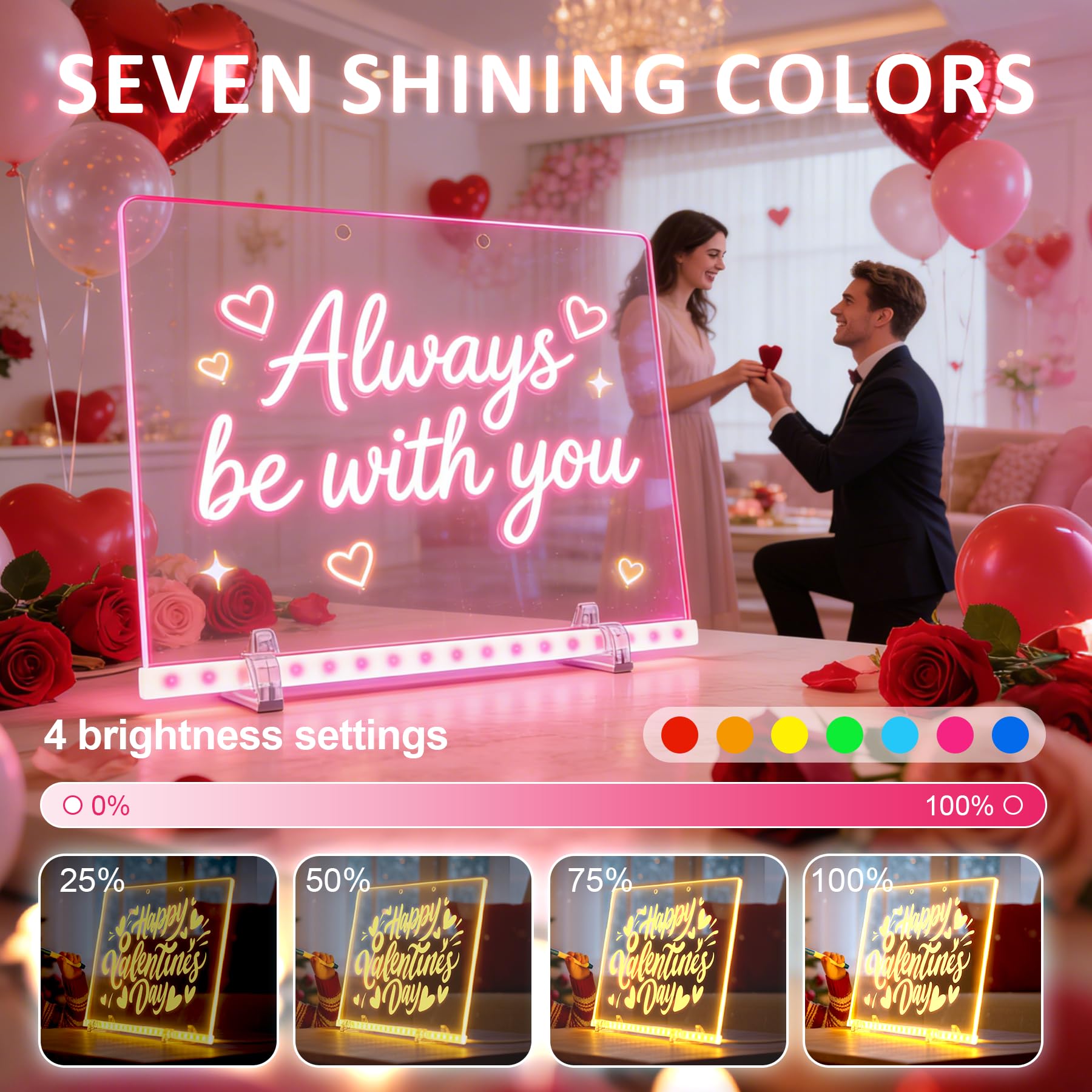 Led Drawing Board,Valentines Day Gifts for Him Her,13.7"X10"4 Modes&7 Colors LED Note Board,Acrylic Dry Erase Board,Light Up Drawing Board