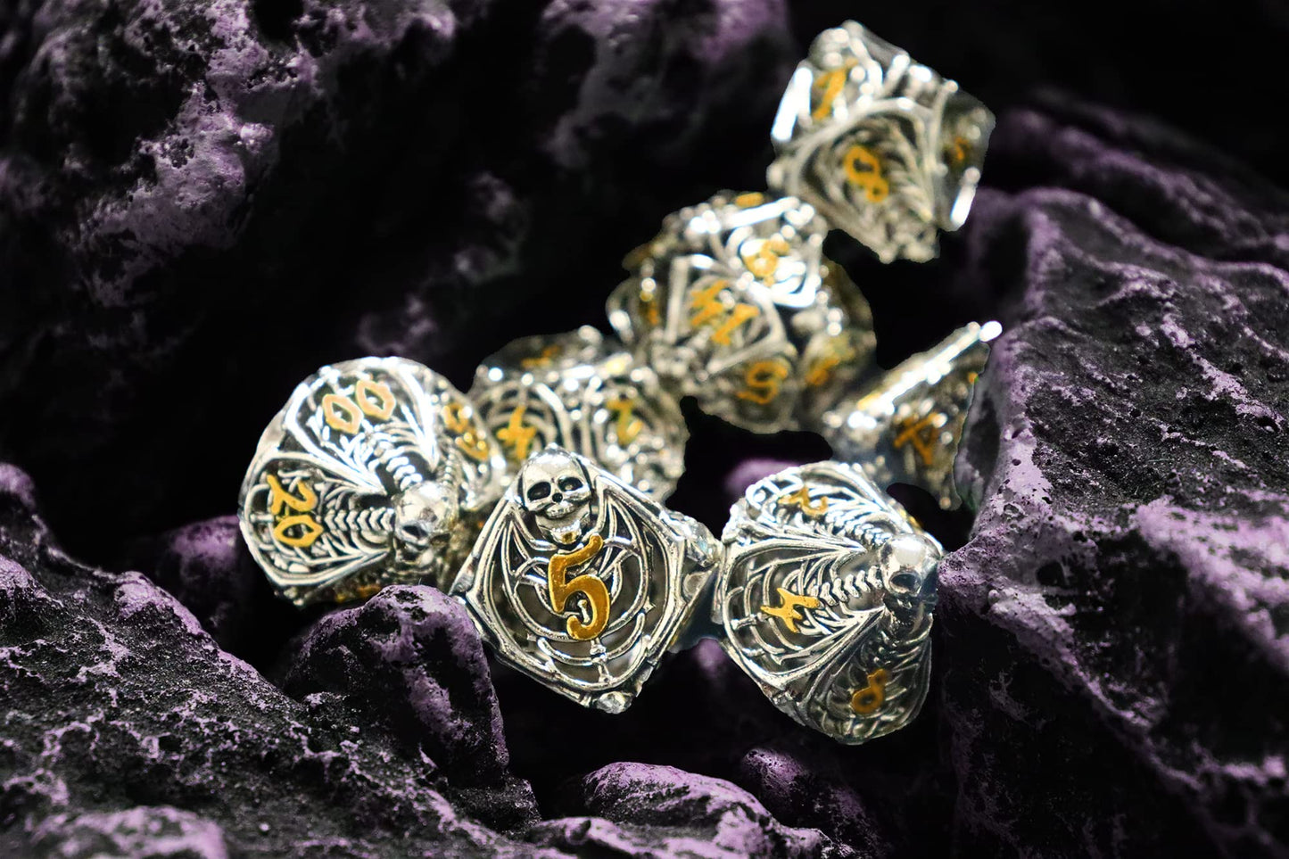 Metal DND Dice Set Skull Dungeons and Dragon Dice Set Hollow Polyhedral Magic 7 PCS Dice Set with Gift Metal Box for Dungeons and Dragons Table Games