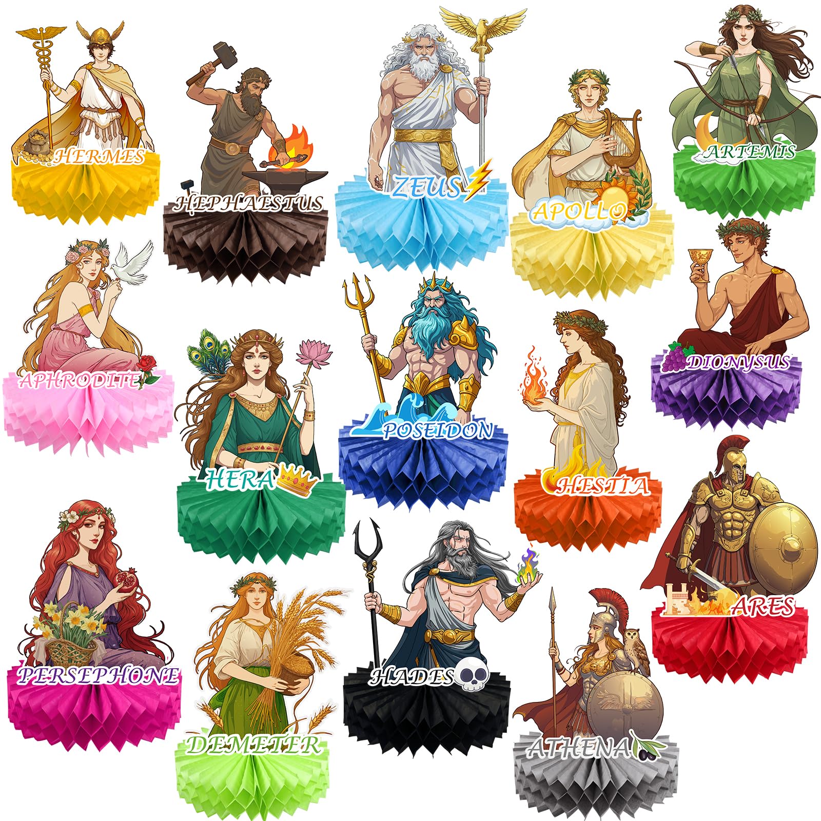 Greek Mythology Honeycomb Centerpieces Table Decorations, 15pcs Olympian Gods Honeycomb Centerpieces, Htabiol Greek Mythology Decor, Greek Gods Party