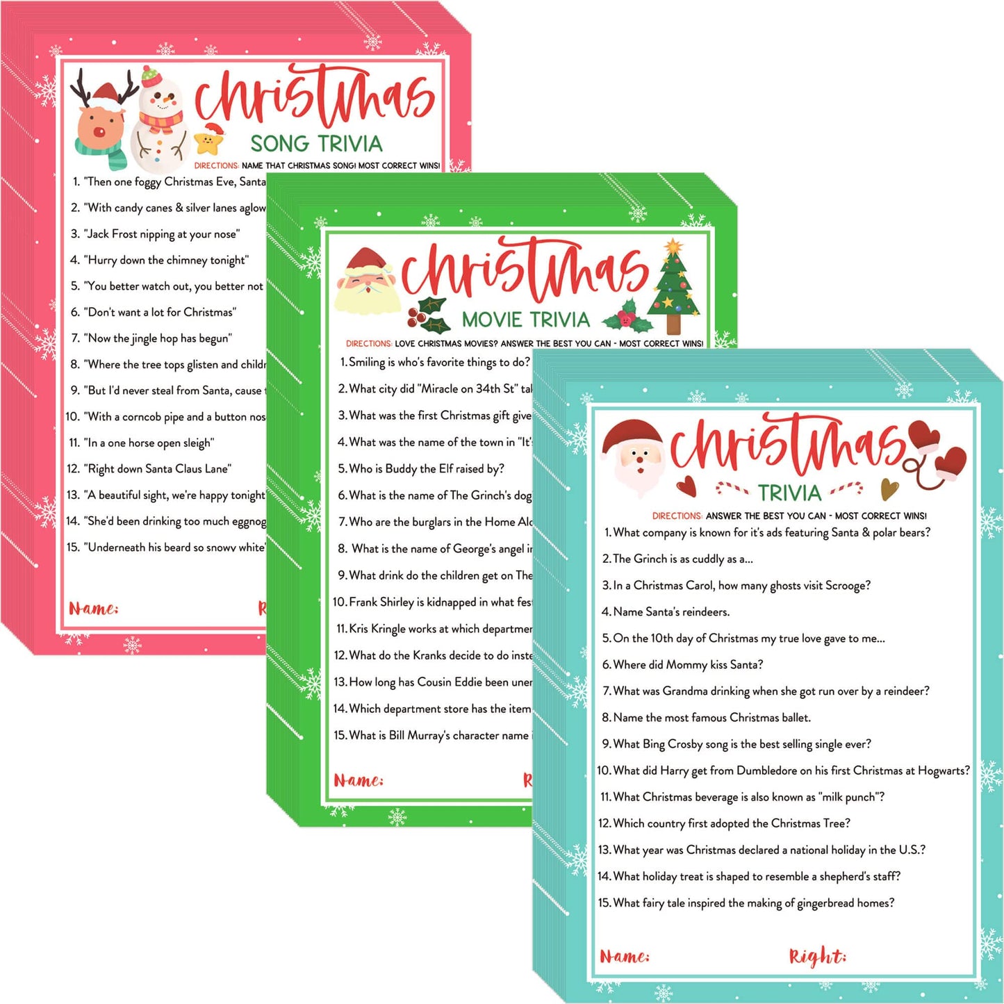 KMLIFE 63 Pcs Christmas Trivia Party Game Cards, 3 Themes Xmas Holiday Guessing Activity for Adults Families Friends, Kids, Groups and Coworkers