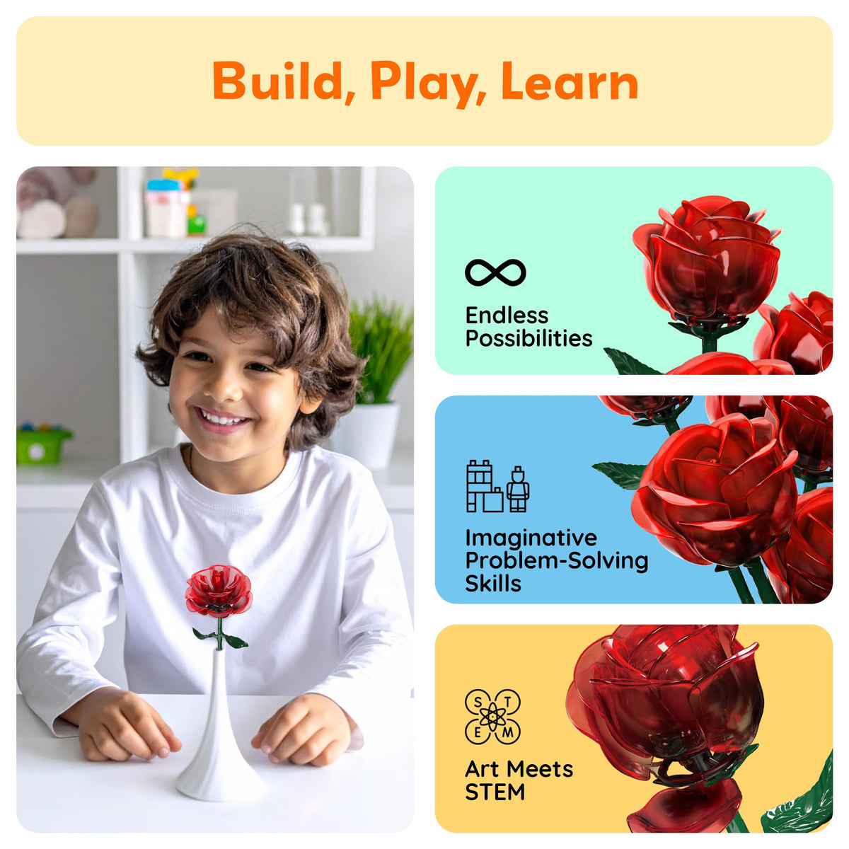 PicassoTiles Red Stem Rose Building 45pc Set With Magnetic Hold Piece Creative Hands-On Play Discovery Activity Kit Room Decor Gifts For Mother’s Day