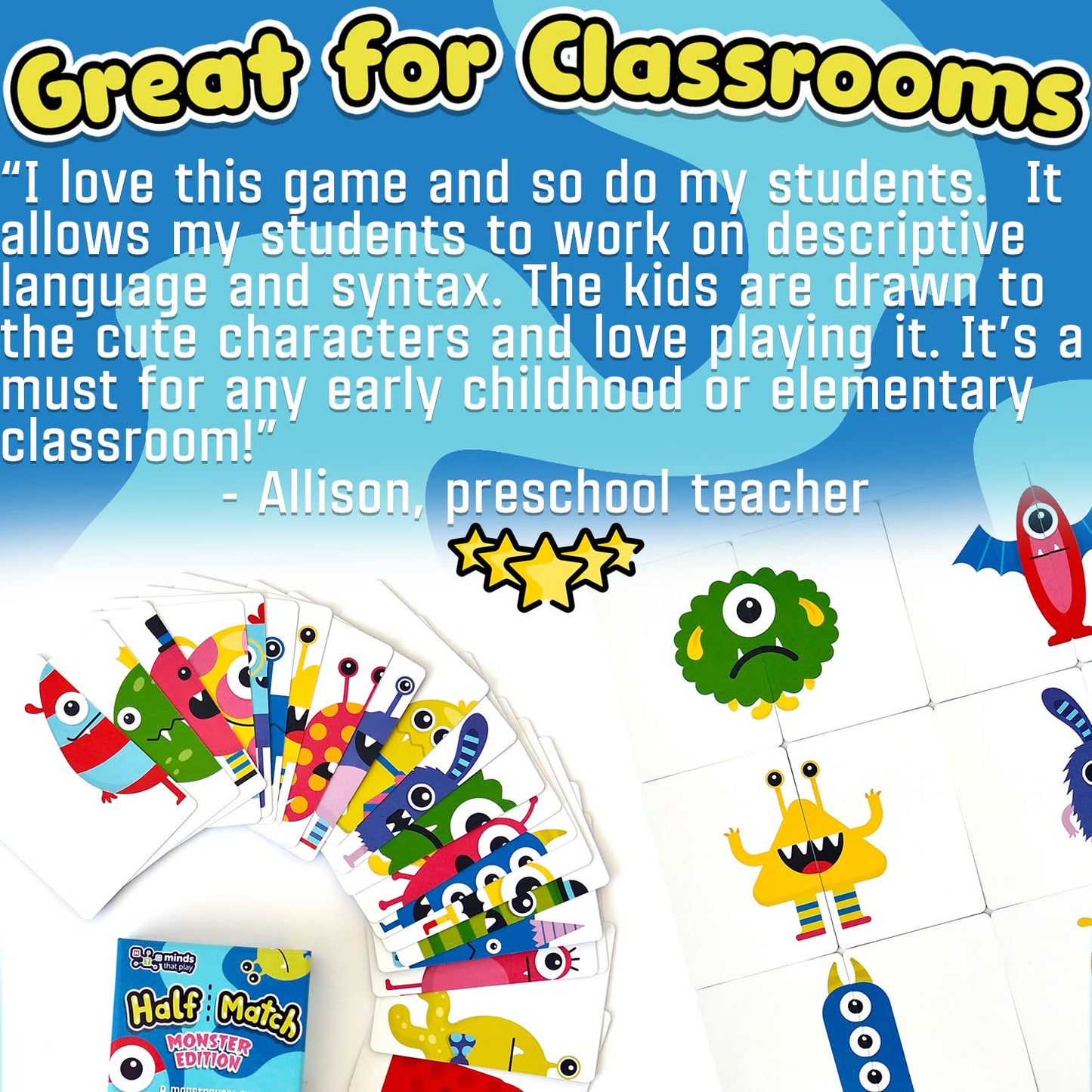 Half Match Minds That Play Monster Edition - Back to School Game for Fun Educational Matching - Memory Card Game for Kids Ages 4-5 - 6-7 - 8-9