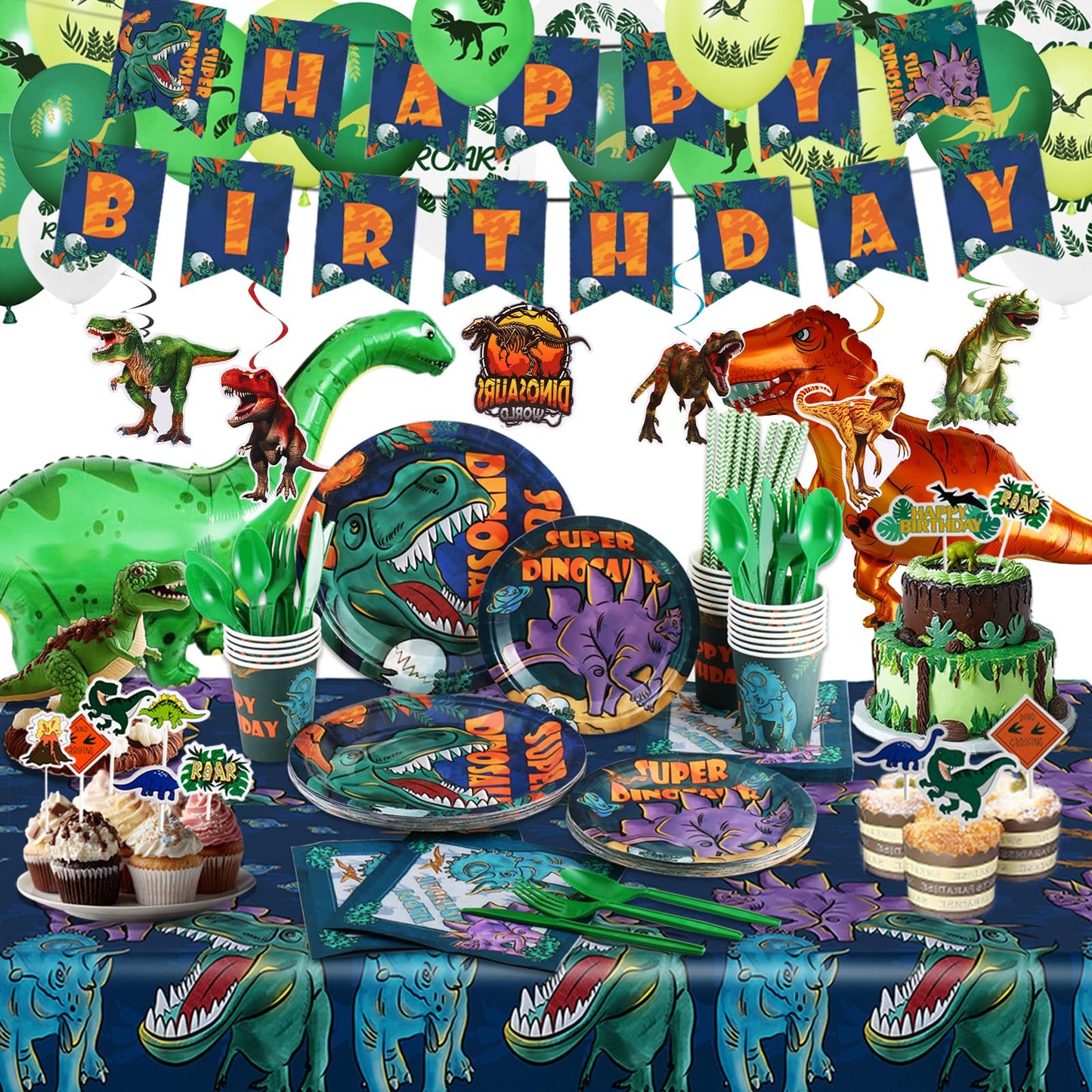 Dinosaur Birthday Party Supplies Kit For Boys, Dinosaur Party Decorations-20 Guest-Include Dino Plates Cups Napkins Banner Cutlery Balloon Tablecloth