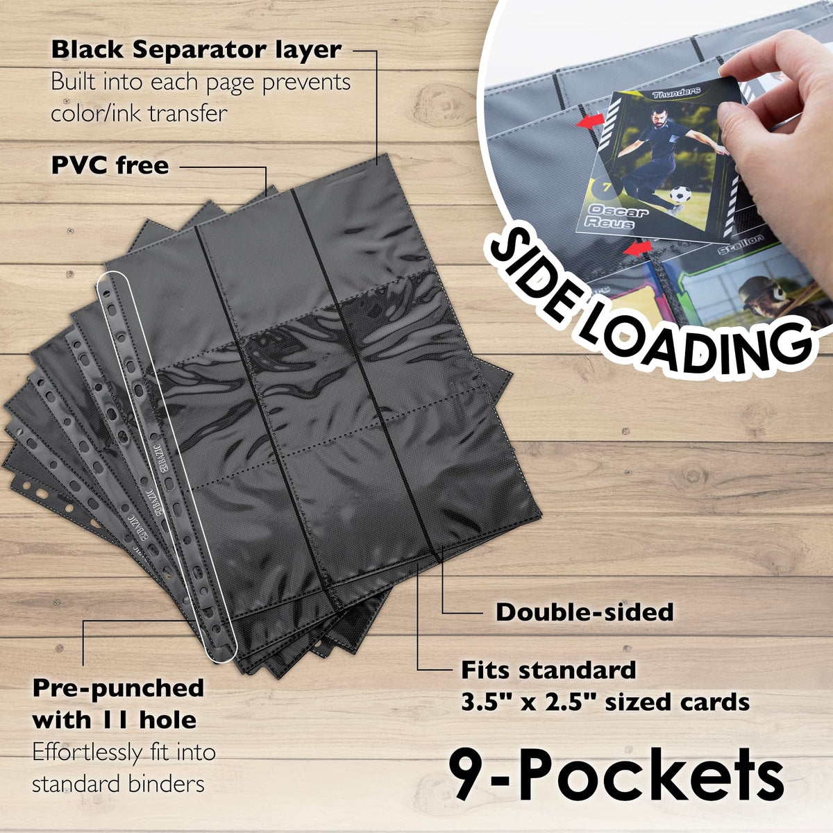BAZIC Products Side-Loading 9-Pocket Double-Sided Card Pages, Bulk 100 Pack
