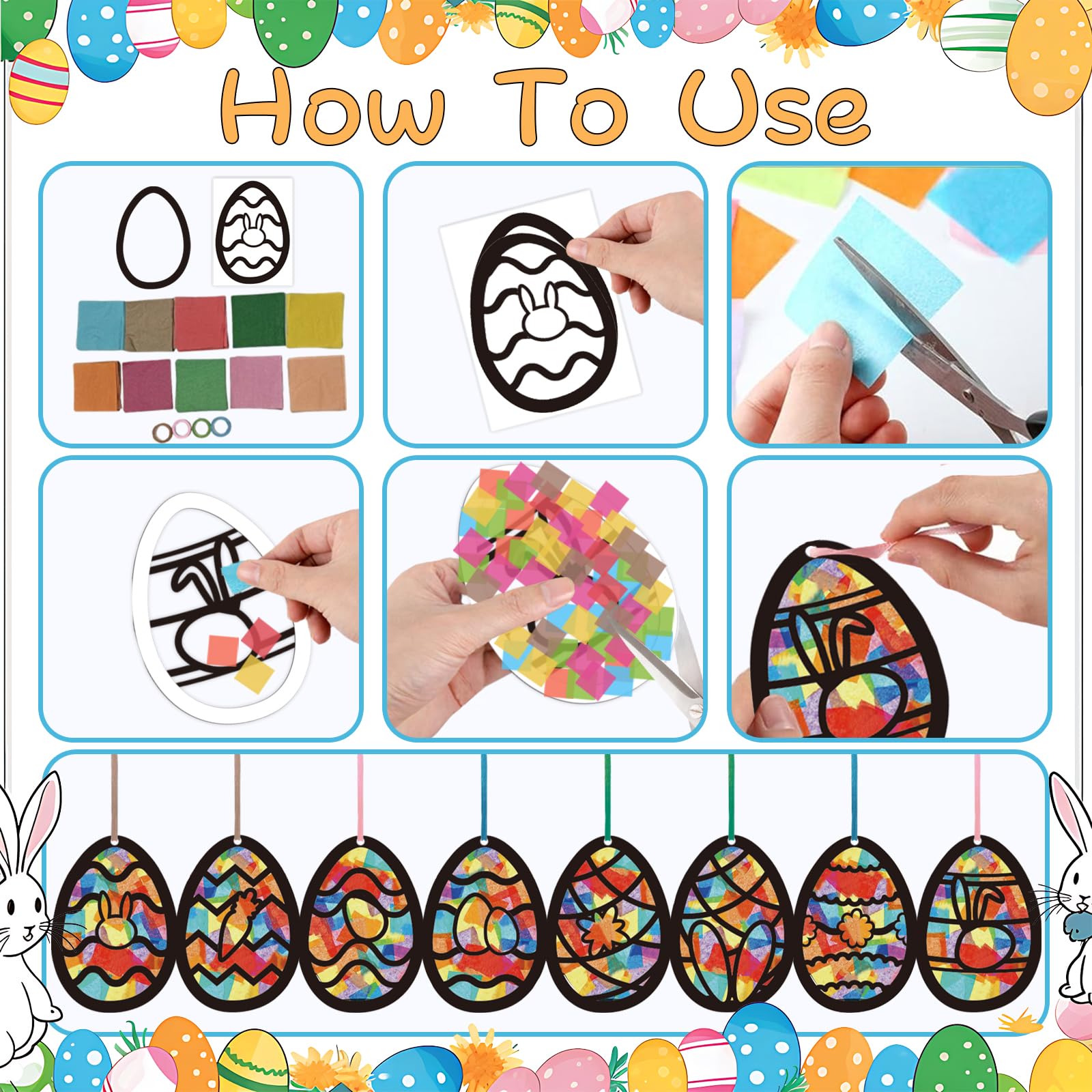HABDJILTY 32PCS Easter Egg Crafts Kit,Paper Egg Suncatchers,Easter Tissue Paper Suncatcher Bulk Stained Glass Effect,Easter DIY Kits for Holidays