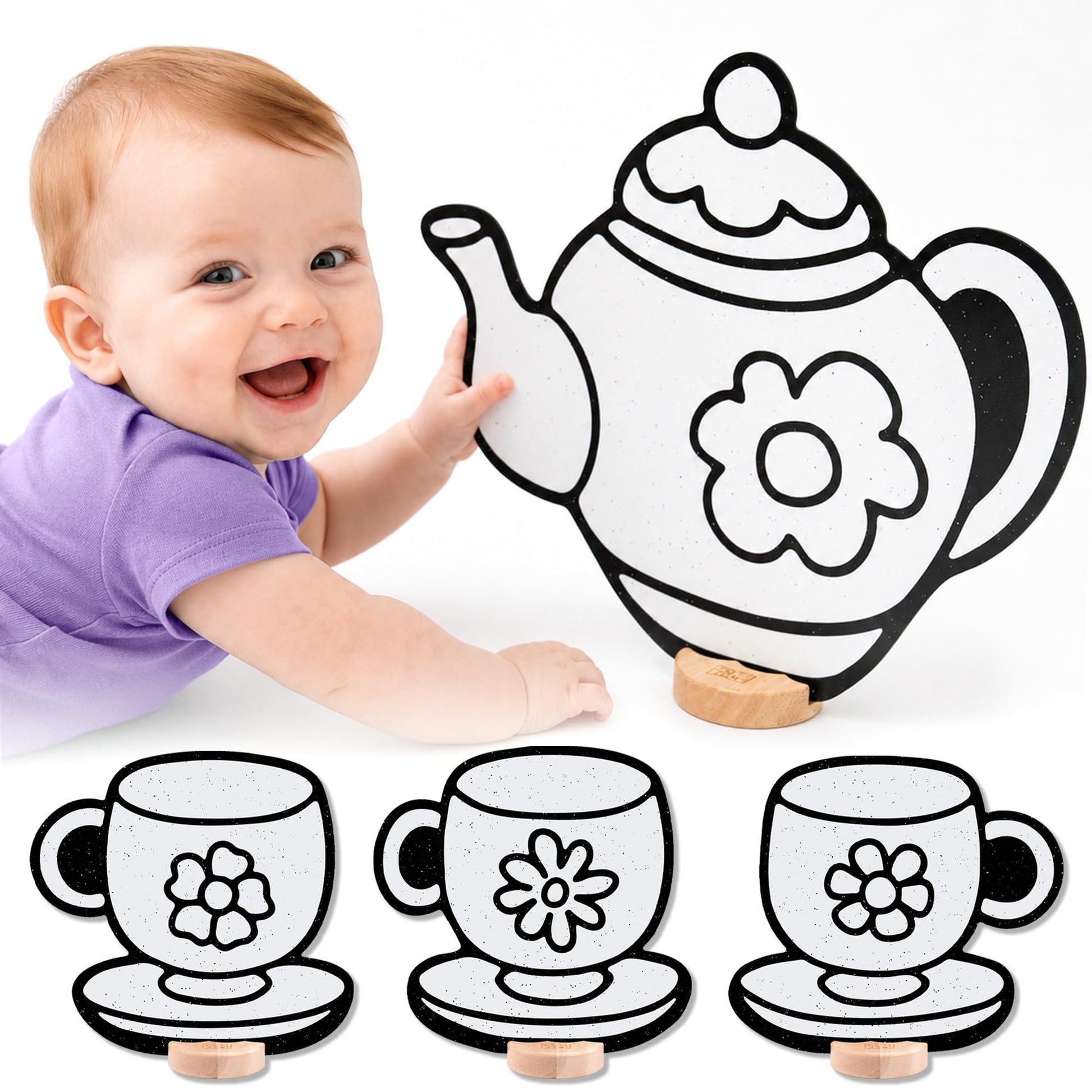 High-Contrast Black & White 3D Tea Party Set - Builds Baby Vision Books & Cards Can't. Then Toddler Motor Skills for School. Re-Colorable Teapot,