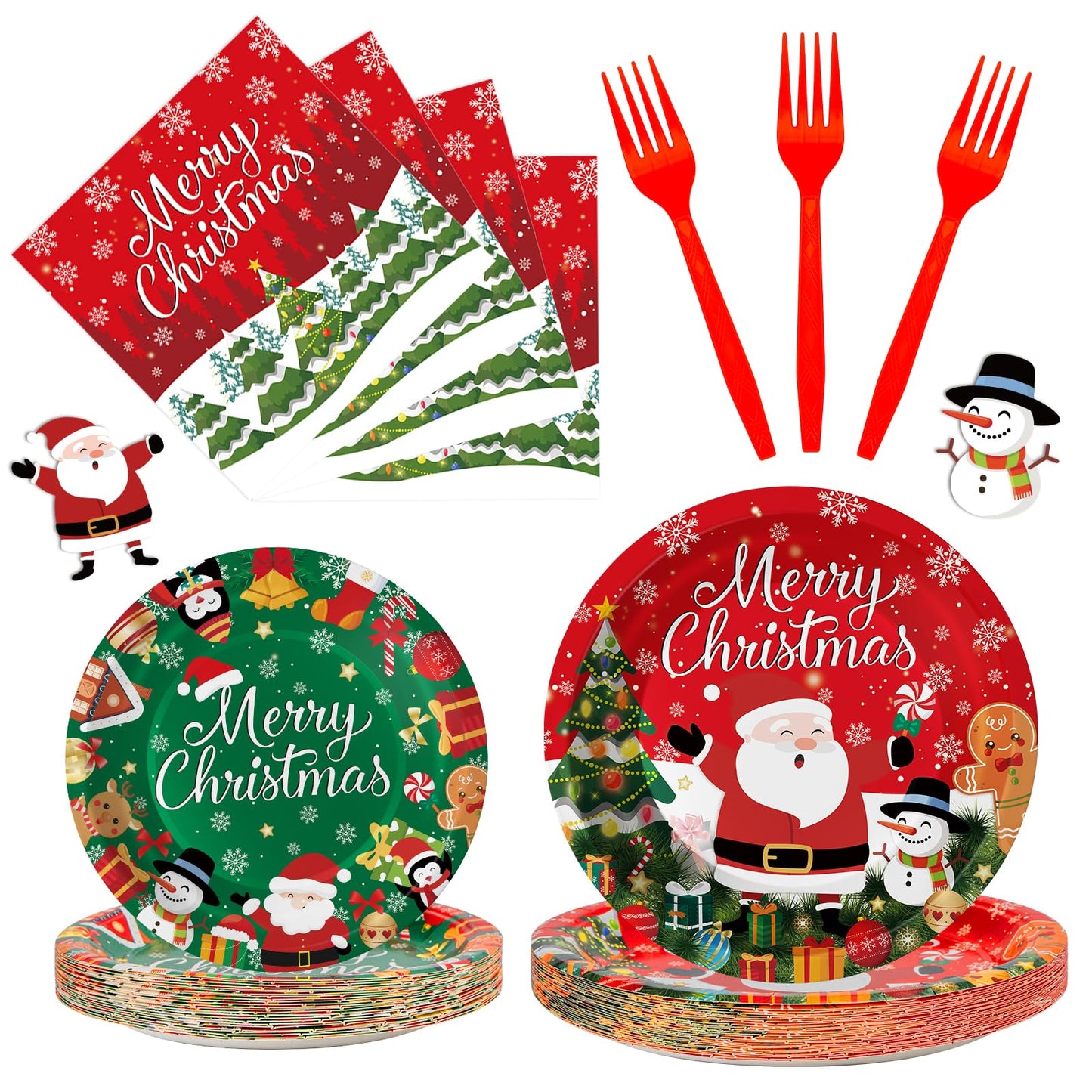 100 Pcs Merry Christmas Plates and Napkins Sets - Cute Winter Christmas Round Tableware, Disposable Chrismas Paper Plates and Napkins Forks for Xmas