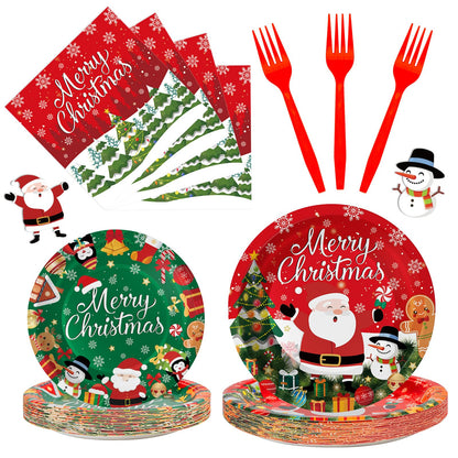 100 Pcs Merry Christmas Plates and Napkins Sets - Cute Winter Christmas Round Tableware, Disposable Chrismas Paper Plates and Napkins Forks for Xmas