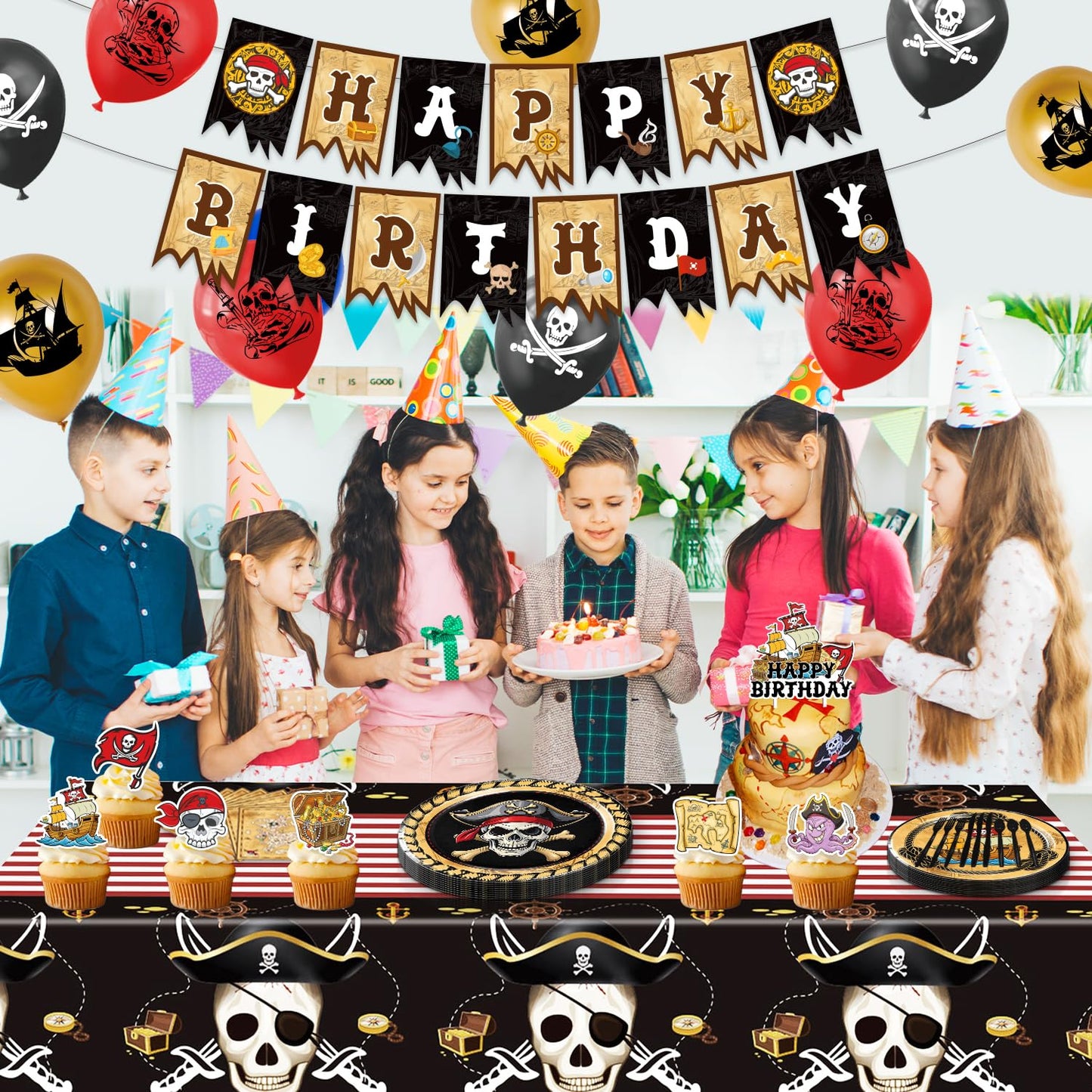 Heidaman 120Pcs Pirate Party Decorations?Pirate Birthday Decorations,Pirate Themed Party Decorations,Set Include?Balloons,Backdrop,Banner, Cake