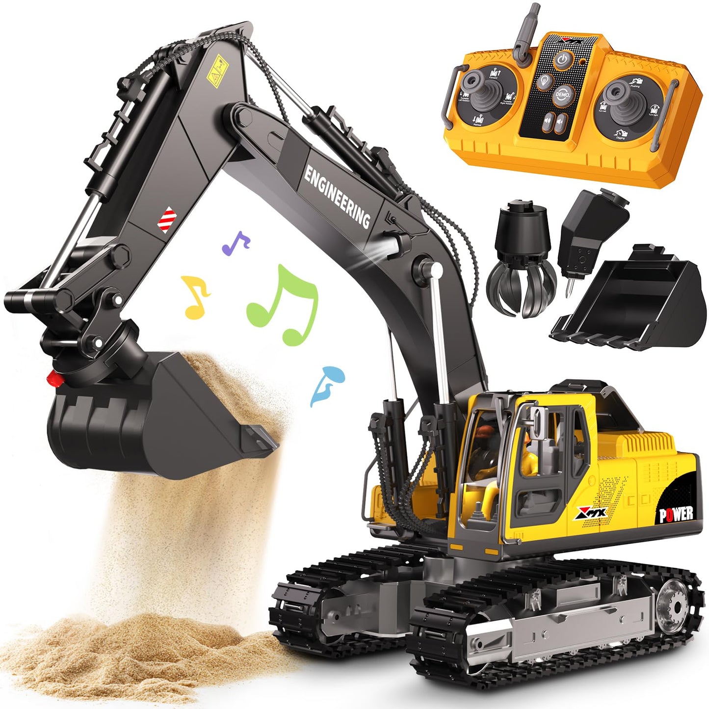 GraceDuck Remote Control Excavator Toys for Boys, 3 in 1 RC Excavator Toy with Alloy Bucket, Rock Breaker, and Grapples - Rotatable 680°, Lights