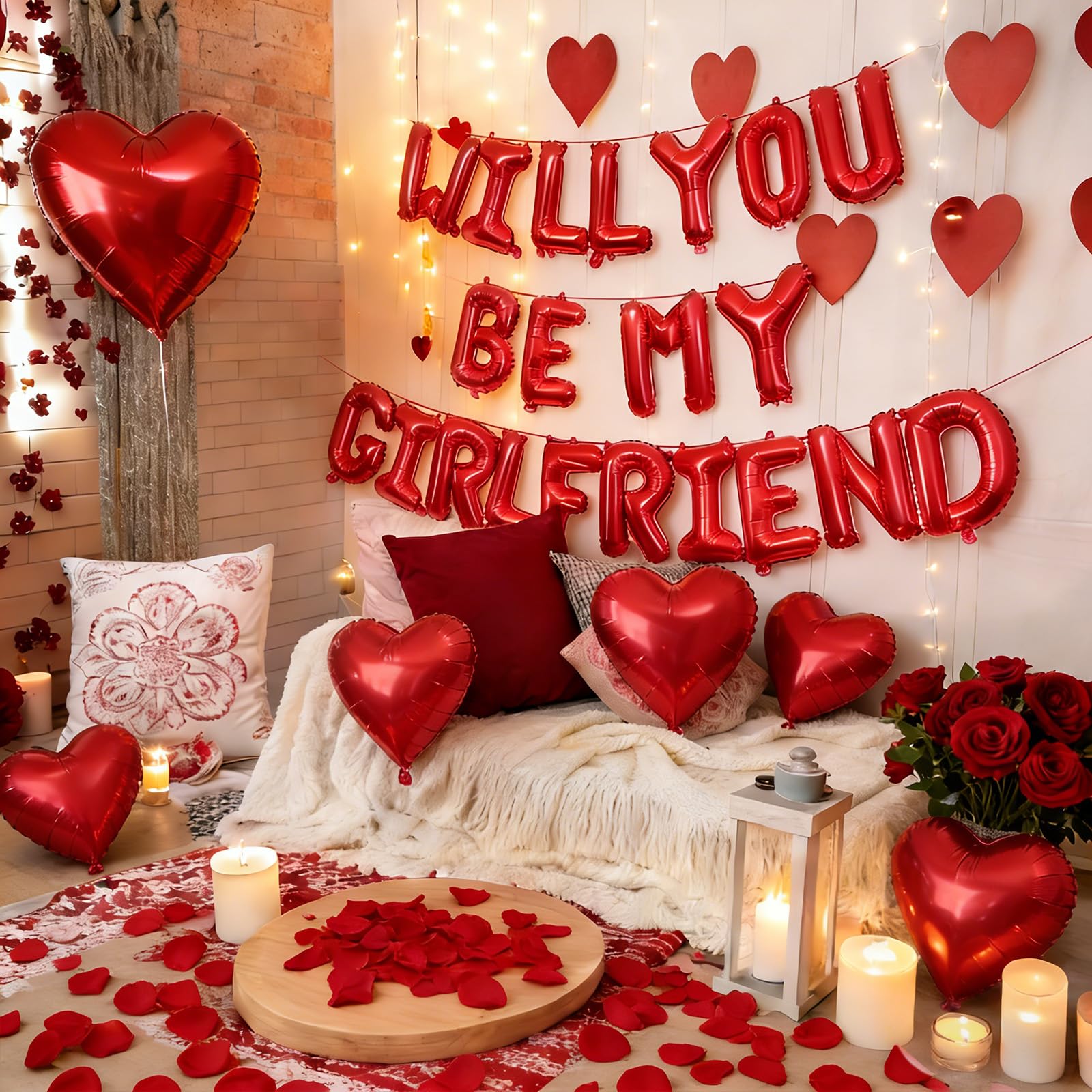 16 Inches Red 'WILL YOU BE MY GIRLFRIEND' Proposal Letter Balloons with Heart-Shaped Foil Balloons and Rose Petals for Romantic Special Night