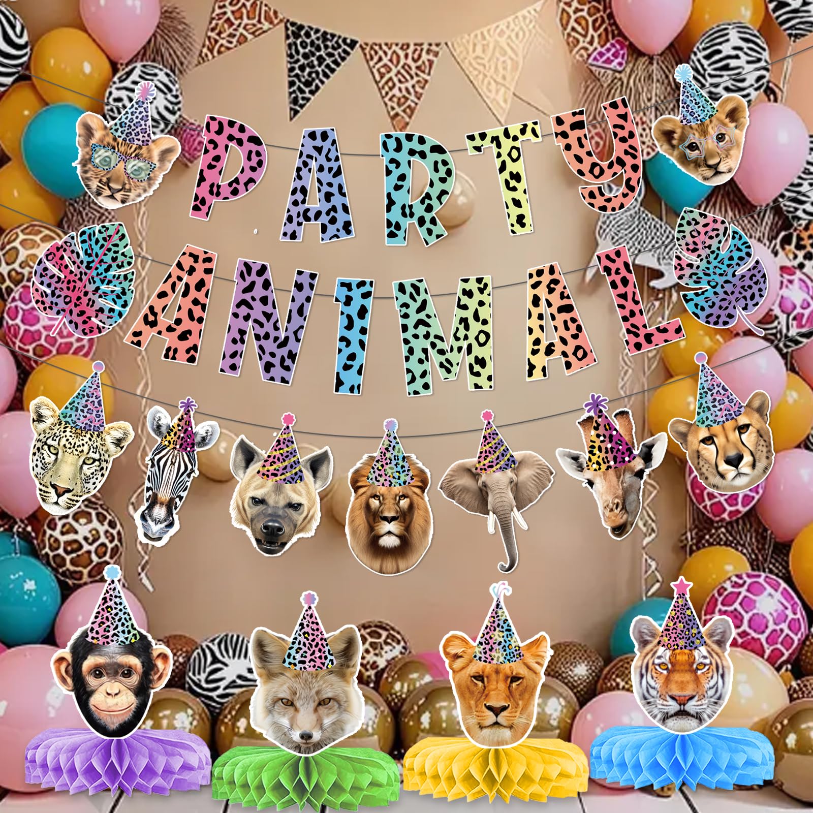 Neon Party Animal Banner Garland Centerpieces, Party Animal Birthday Decorations, Cheetah Print Party Decorations for Safari Jungle Leopard Birthday
