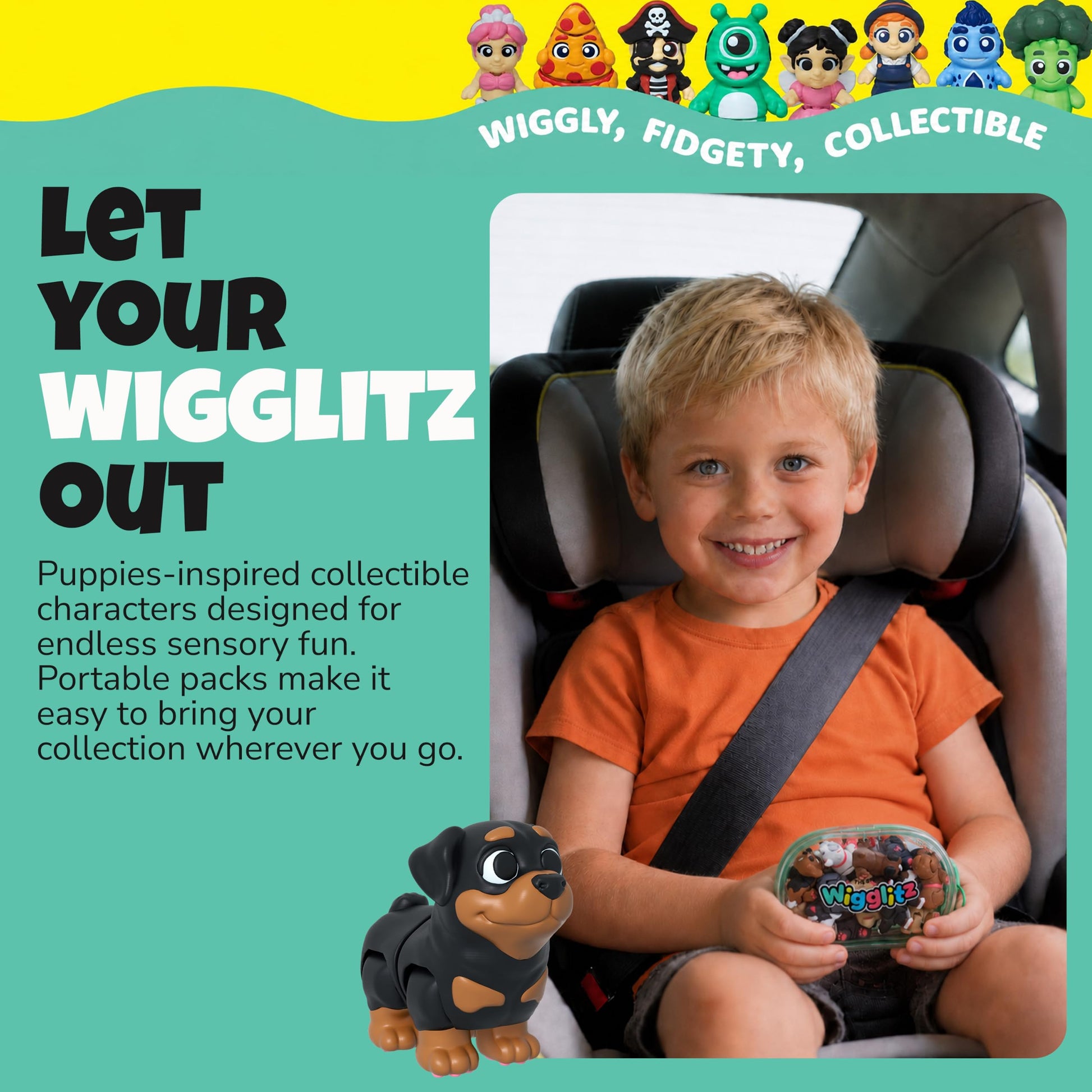 Wigglitz Puppies 25 Pack with Storage Pouch-25 Collectible Wiggly Fidget Toys - Award-Winning, Plant-Based, Made in USA - Puppies Series Characters
