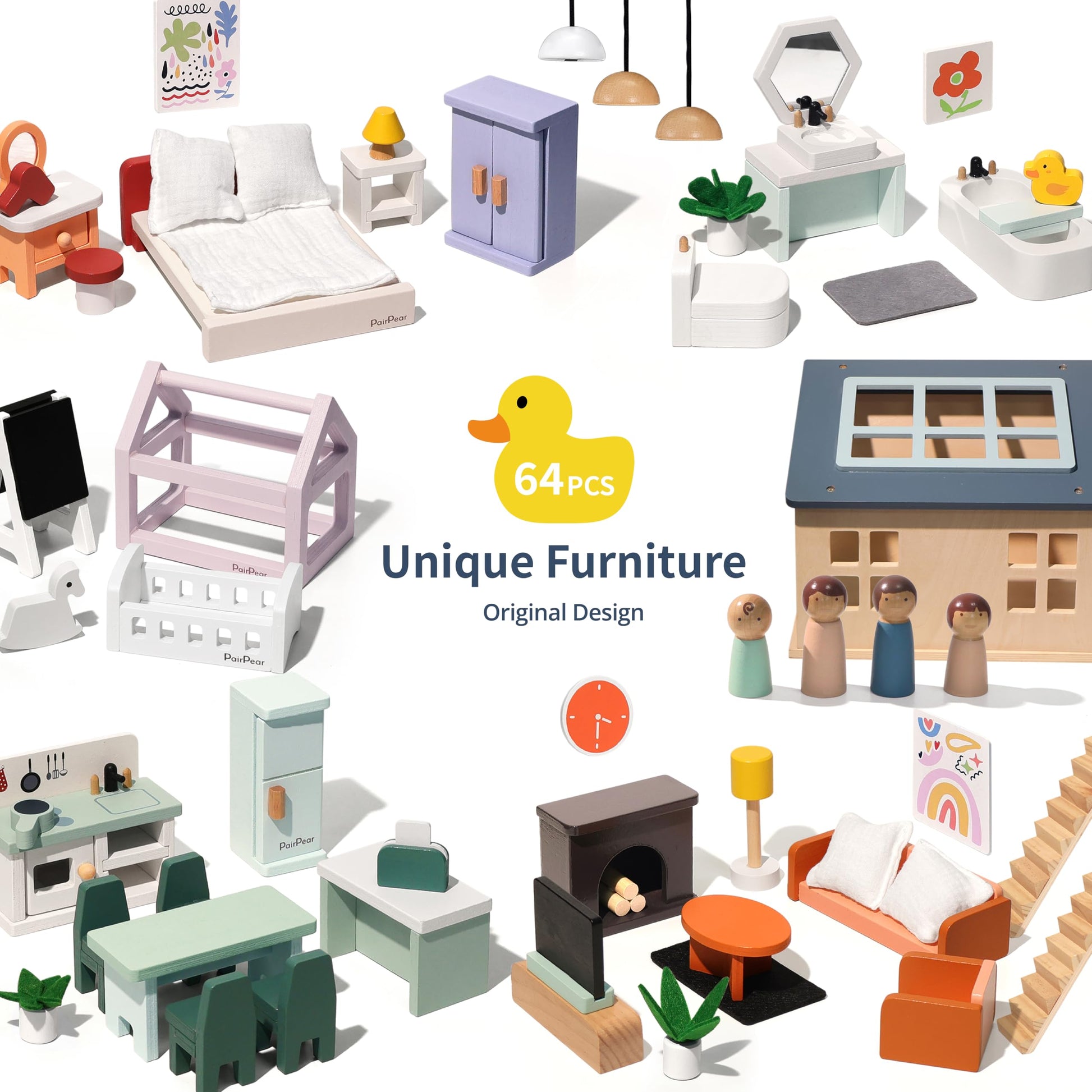 PairPear Large Wooden Dollhouse with Furnitures, Pretend Doll House Toys