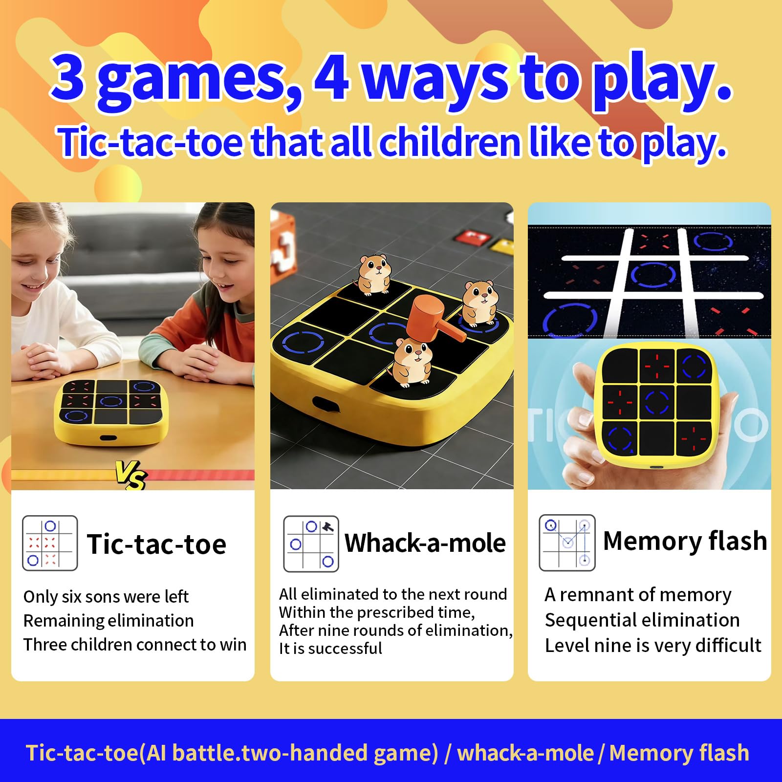 Museloong 4-in-1 Portable Electronic Tic-Tac-Toe Handheld Game, Puzzle Game for Children and Adults, Memory-Training Toy, Fun for Parent-Child Sharing